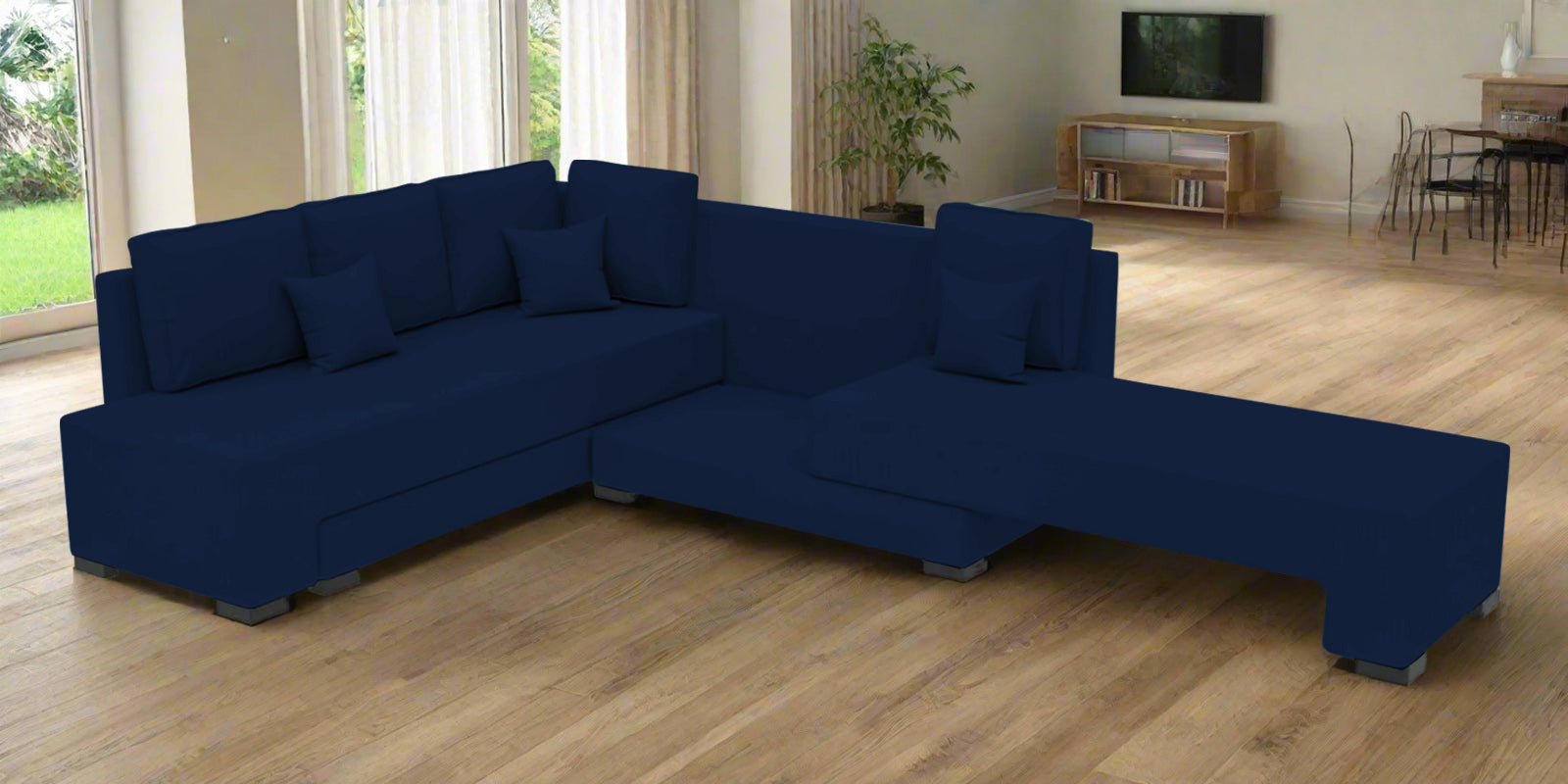 Corby Velvet LHS 6 Seater Convertible Sofa Cum Bed In Imperial Blue Colour - Febonic Living