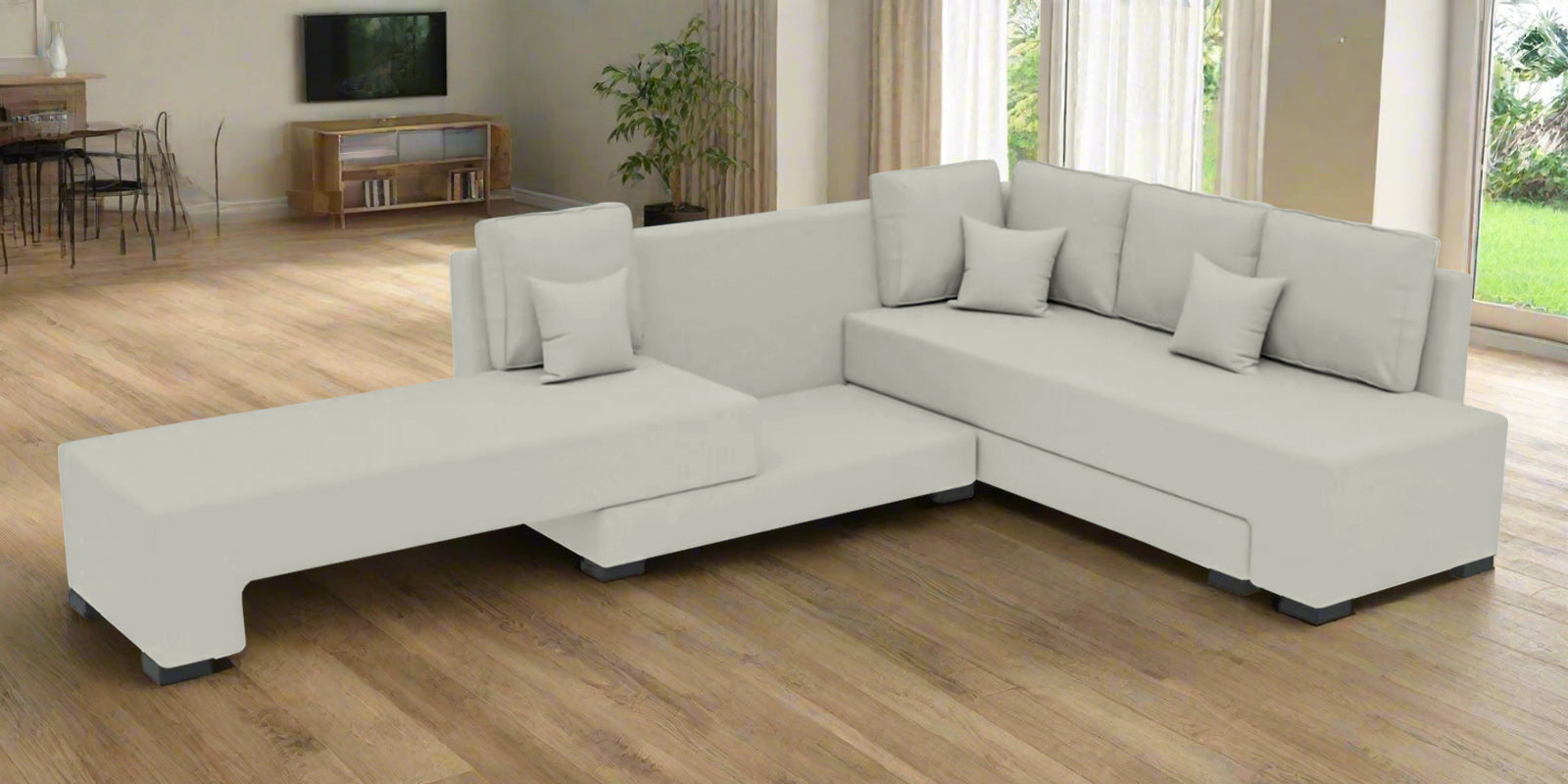 Corby Velvet RHS 6 Seater Convertible Sofa Cum Bed In Bone Grey Colour - Febonic Living