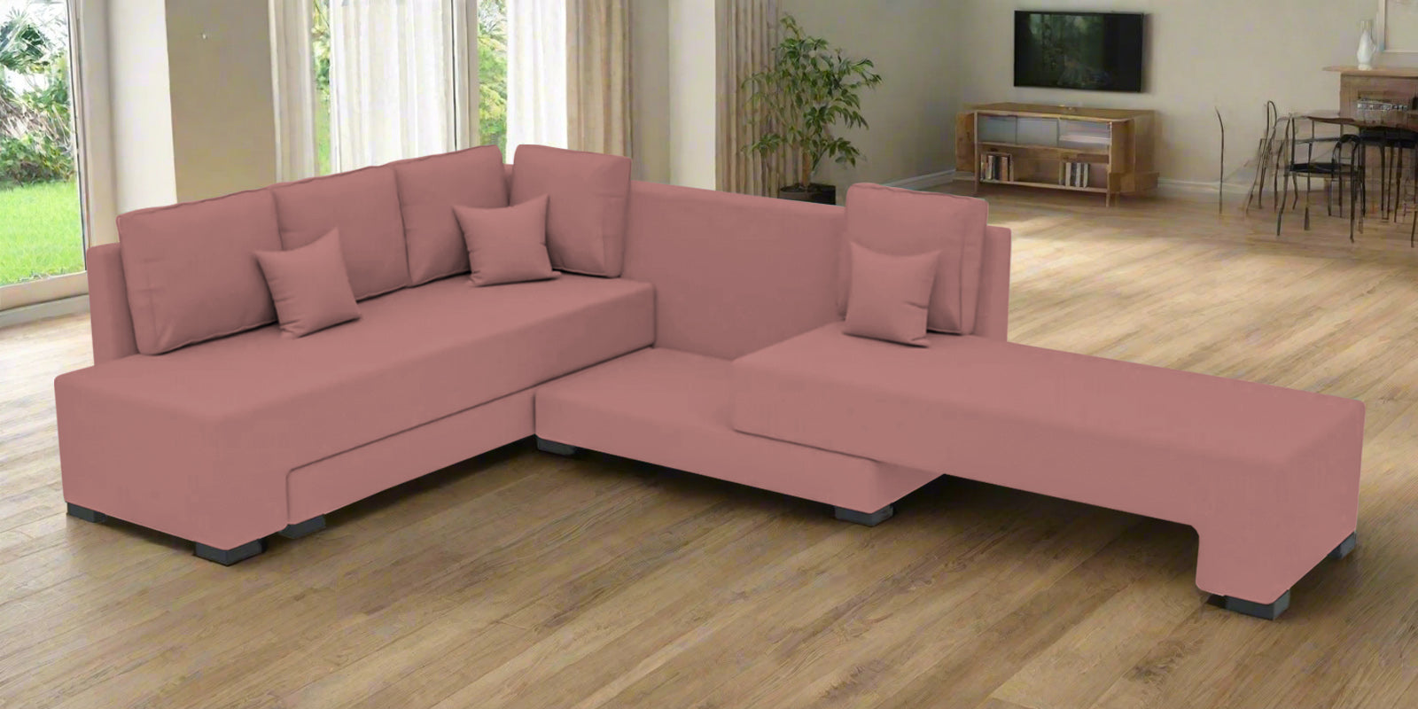 Corby Velvet LHS 6 Seater Convertible Sofa Cum Bed In Blush Pink Colour - Febonic Living