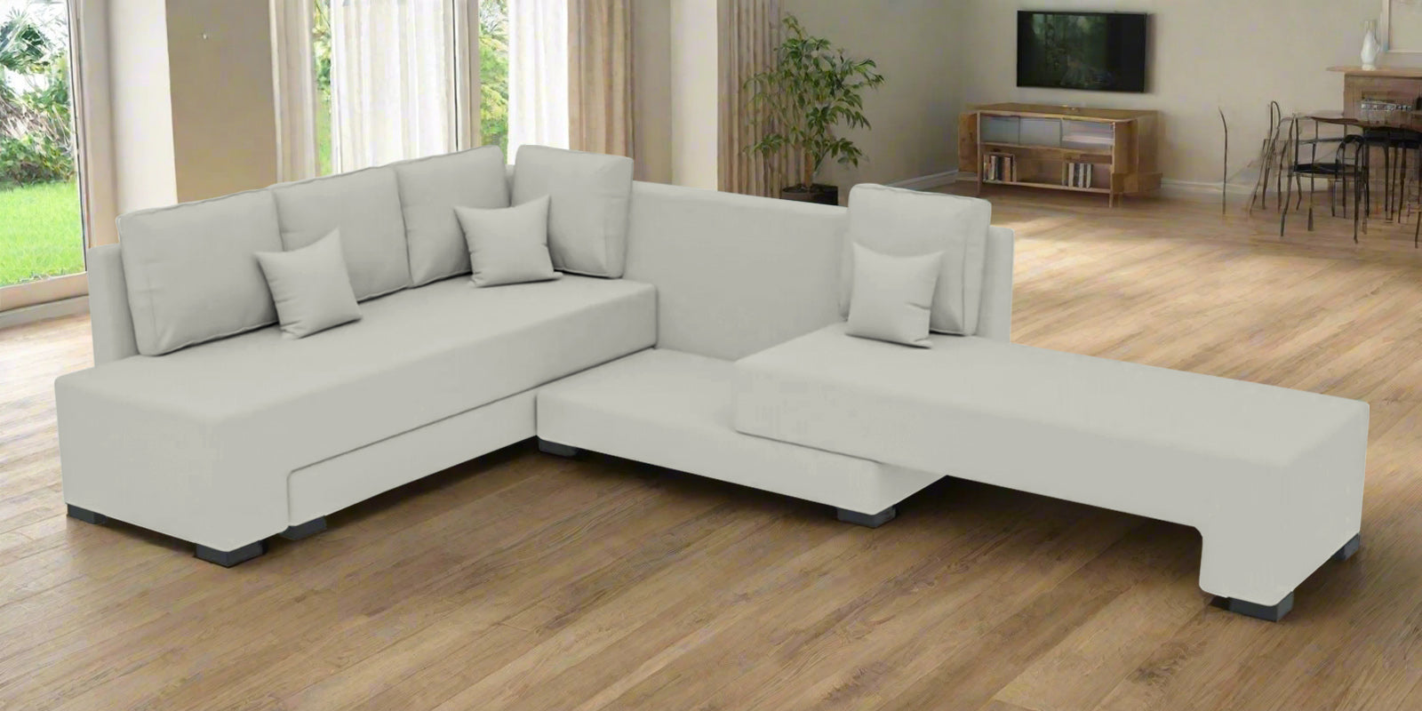 Corby Velvet LHS 6 Seater Convertible Sofa Cum Bed In Bone Grey Colour - Febonic Living