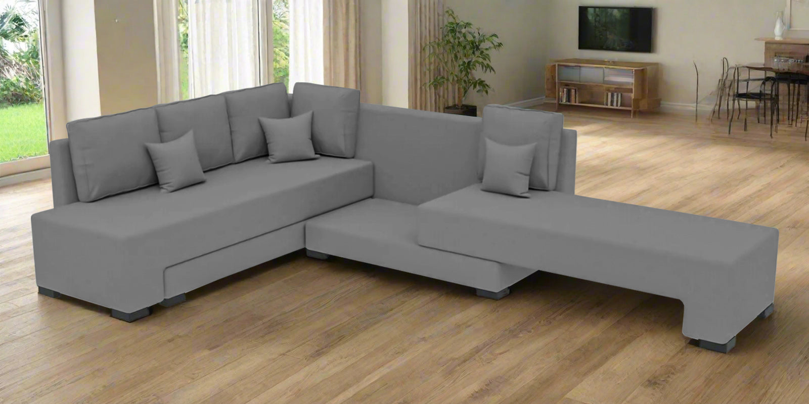 Corby Velvet LHS 6 Seater Convertible Sofa Cum Bed In Light Grey Colour - Febonic Living
