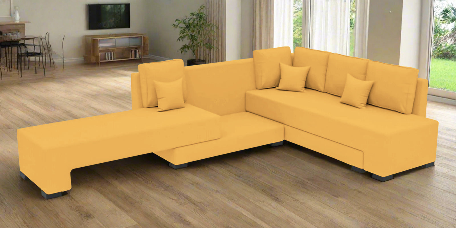 Corby Velvet RHS 6 Seater Convertible Sofa Cum Bed In Turmeric Yellow Colour - Febonic Living