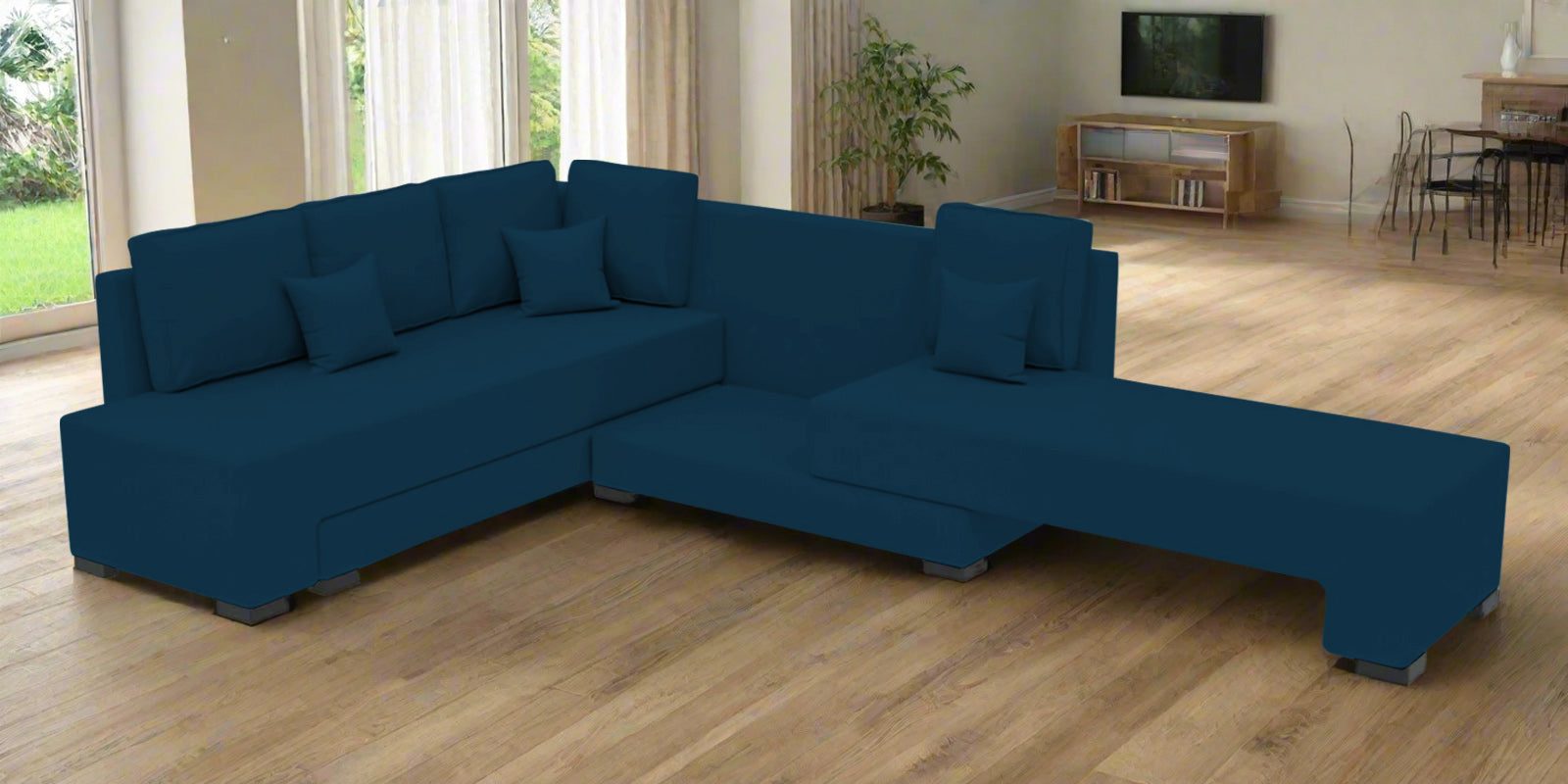 Corby Velvet LHS 6 Seater Convertible Sofa Cum Bed In Azure Blue Colour - Febonic Living