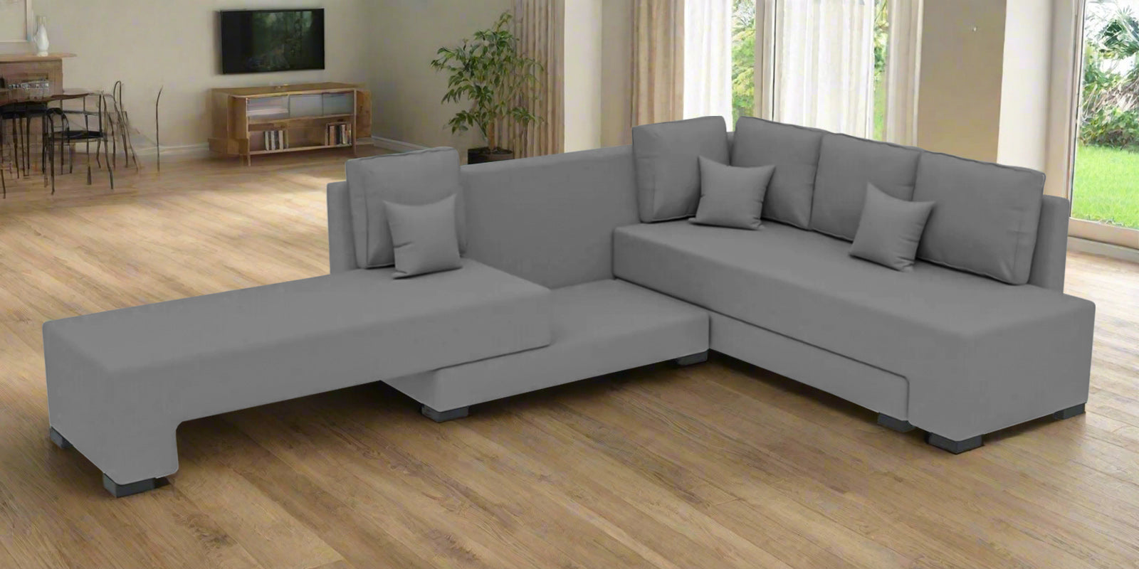 Corby Velvet RHS 6 Seater Convertible Sofa Cum Bed In Light Grey Colour - Febonic Living