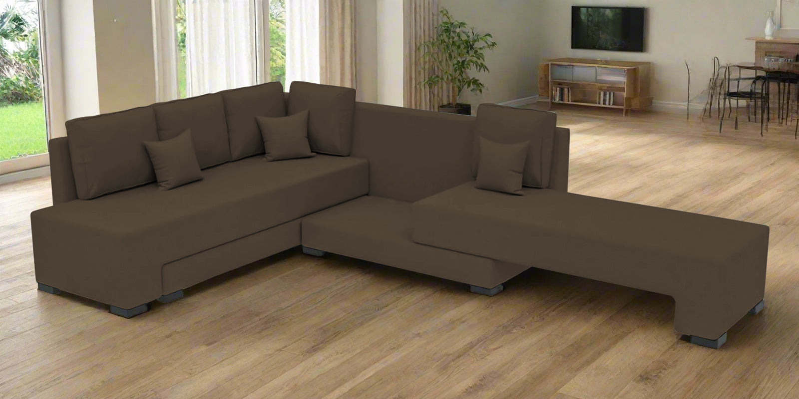 Corby Velvet LHS 6 Seater Convertible Sofa Cum Bed In Shade Brown Colour - Febonic Living