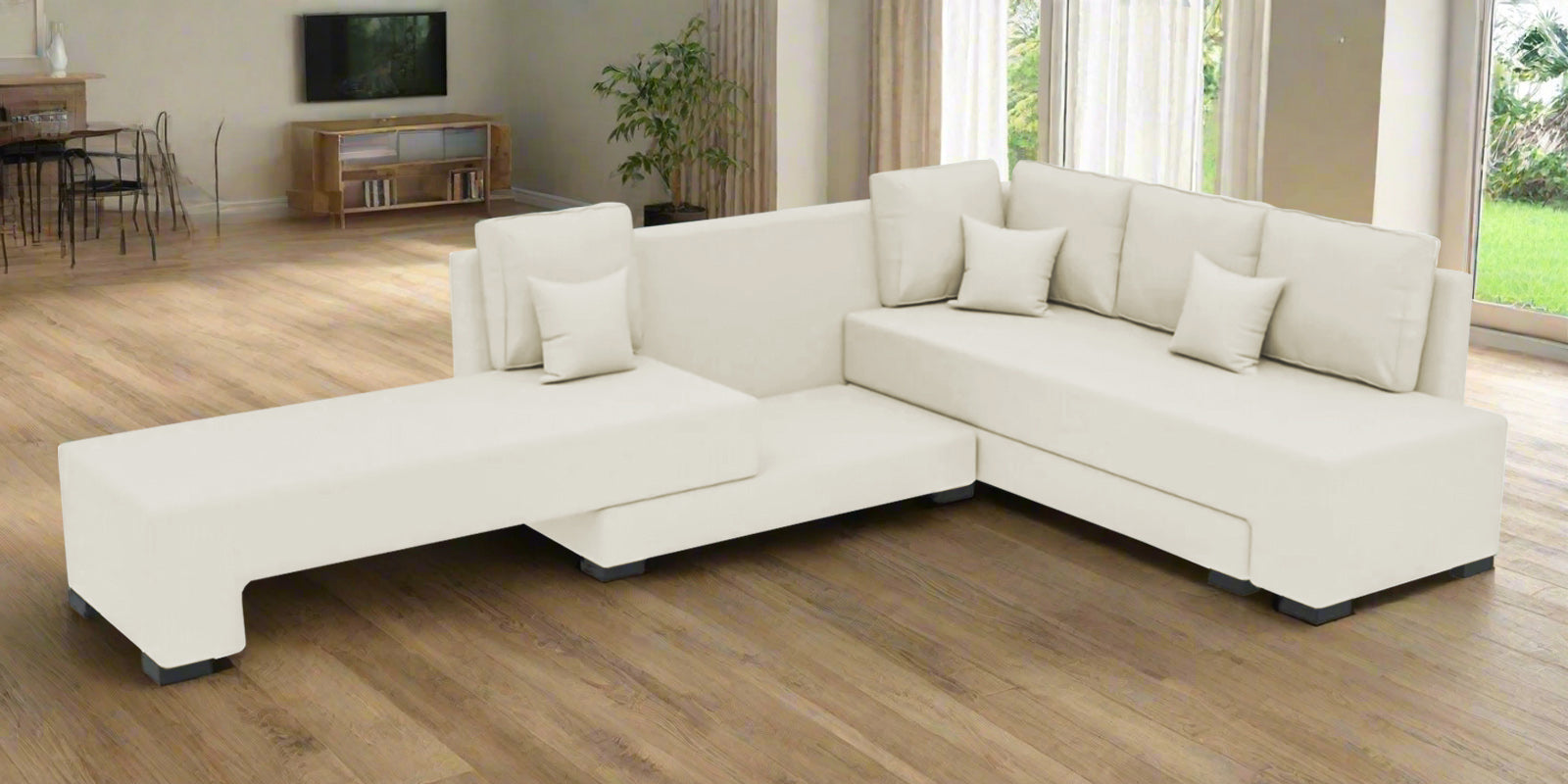 Corby Velvet RHS 6 Seater Convertible Sofa Cum Bed In Warm White Colour - Febonic Living