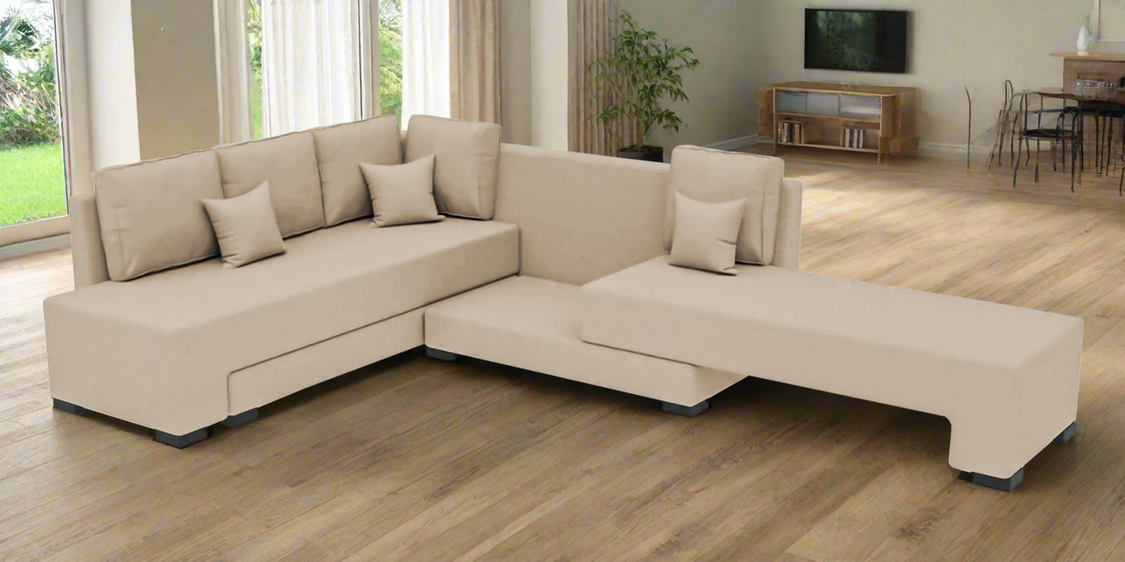 Corby Velvet LHS 6 Seater Convertible Sofa Cum Bed In Cream Beige Colour - Febonic Living