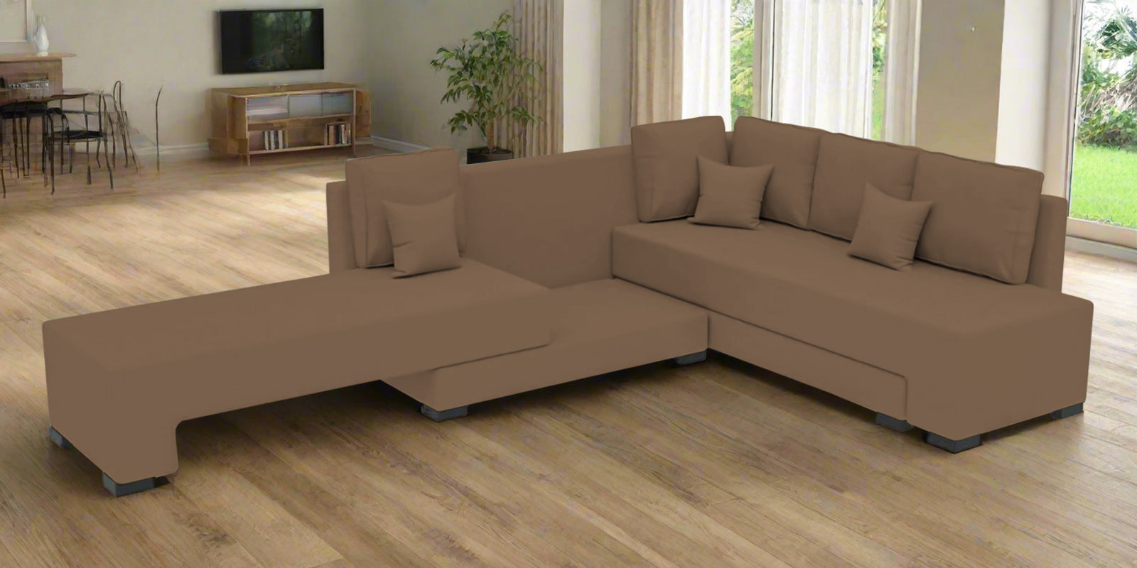 Corby Velvet RHS 6 Seater Convertible Sofa Cum Bed In Mocha Mouse Colour - Febonic Living