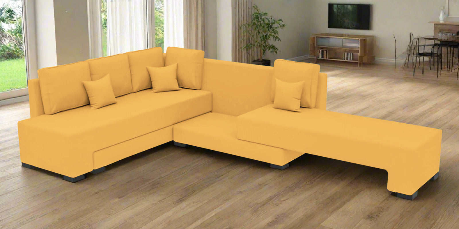 Corby Velvet LHS 6 Seater Convertible Sofa Cum Bed In Turmeric Yellow Colour - Febonic Living