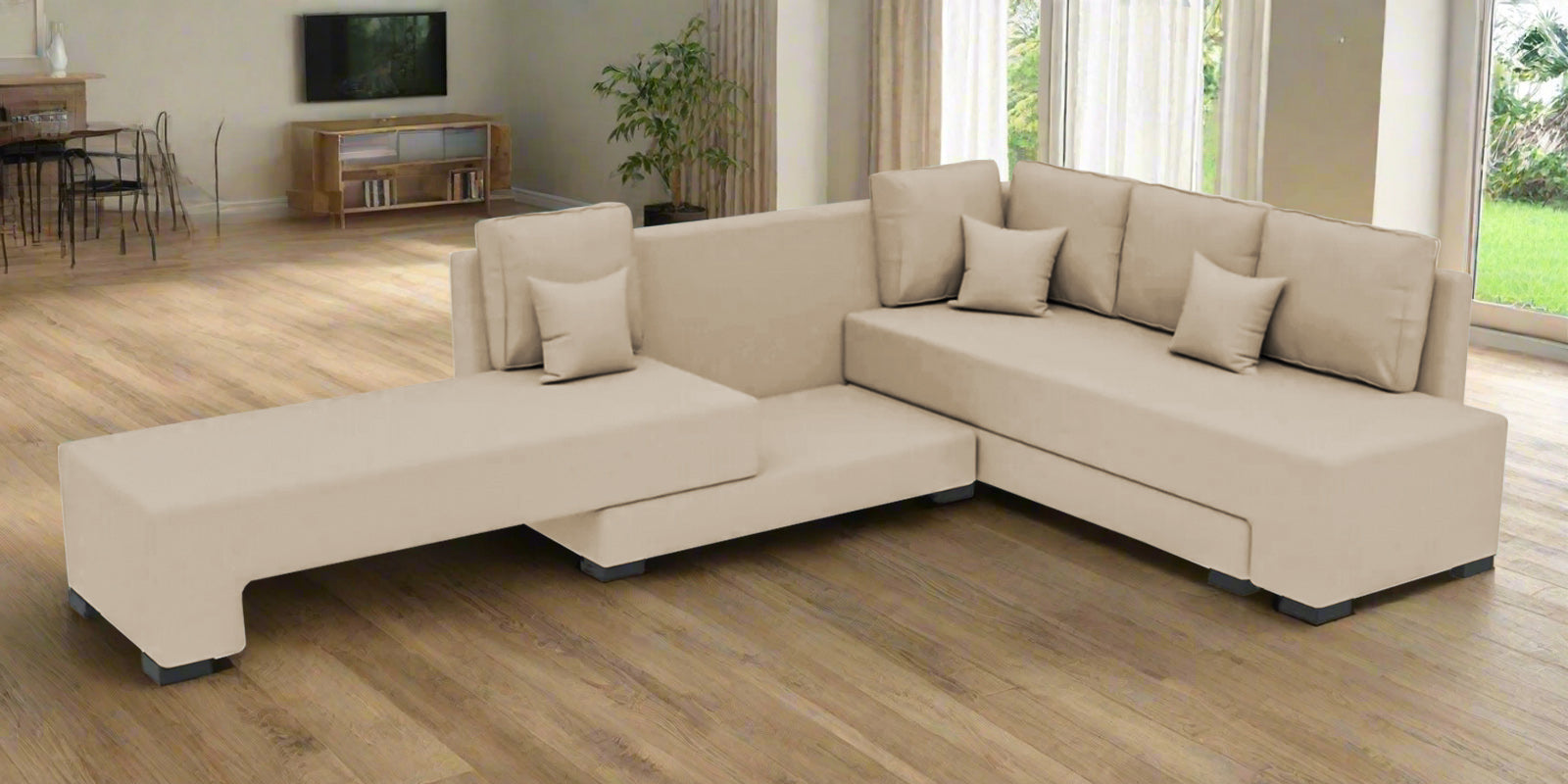 Corby Velvet RHS 6 Seater Convertible Sofa Cum Bed In Cream Beige Colour - Febonic Living