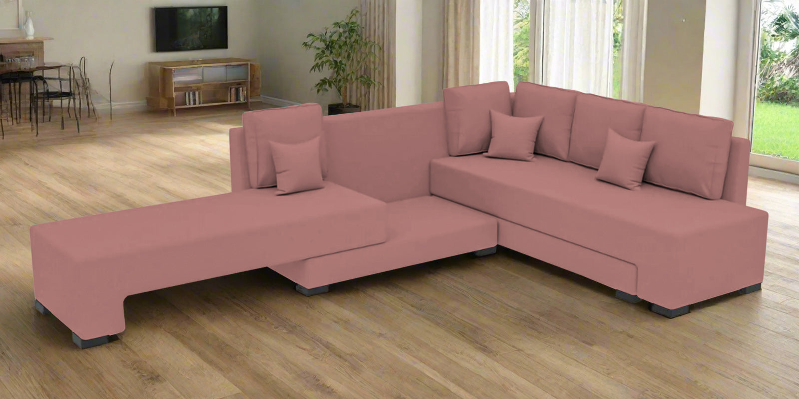Corby Velvet RHS 6 Seater Convertible Sofa Cum Bed In Blush Pink Colour - Febonic Living
