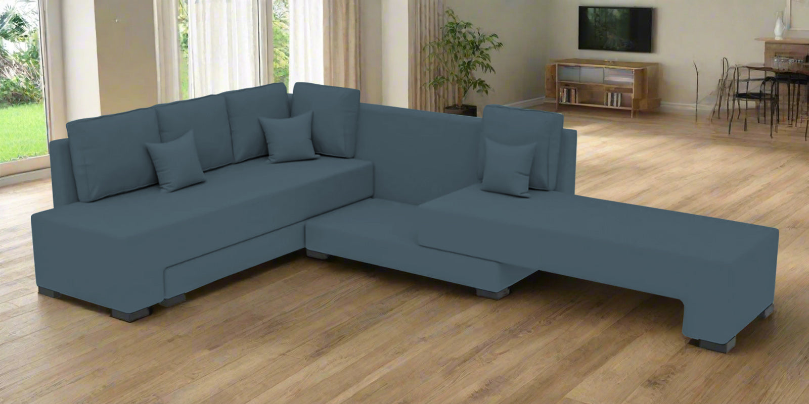 Corby Velvet LHS 6 Seater Convertible Sofa Cum Bed In Oxford Blue Colour - Febonic Living
