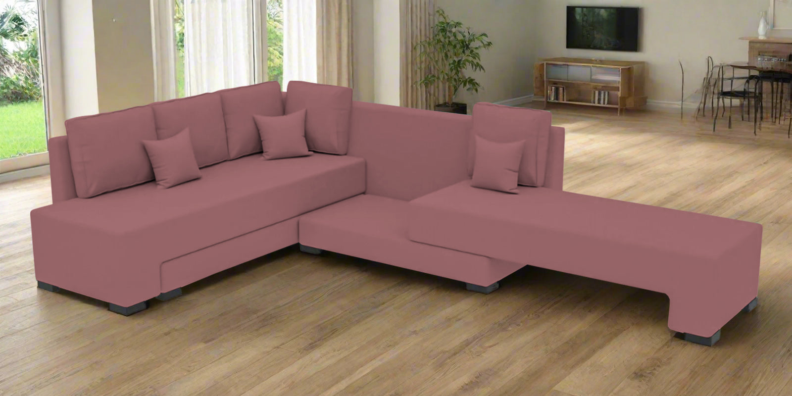 Corby Velvet LHS 6 Seater Convertible Sofa Cum Bed In Rose Pink Colour - Febonic Living