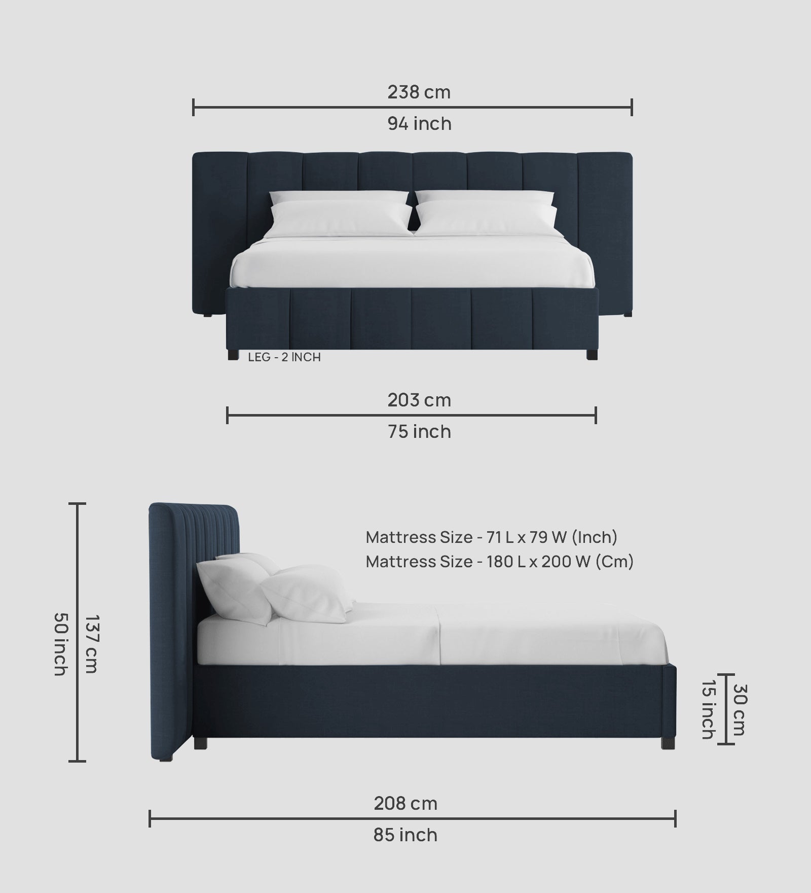Nora Fabric King Size Bed In Denim Blue Colour With Box Storage - Febonic Living