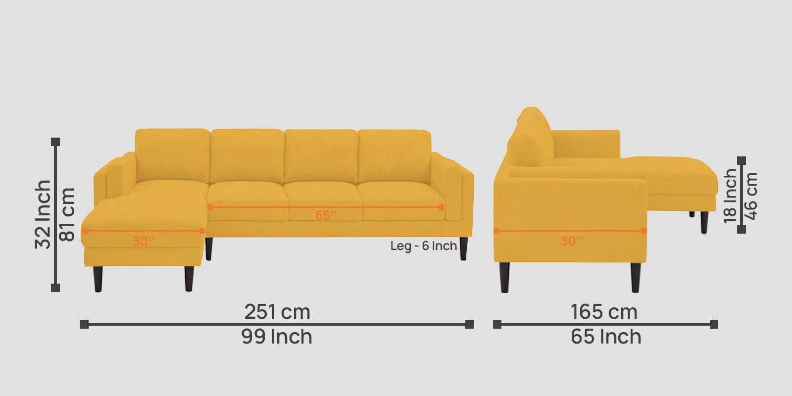 Creata Fabric RHS Sectional Sofa (3+Lounger) In Bold Yellow Colour Febonic Living