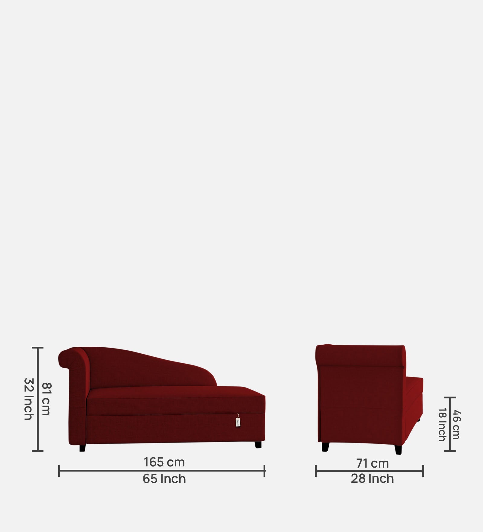 Toppy Fabric RHS Chaise Lounger In Blood Maroon Colour With Storage - Febonic Living