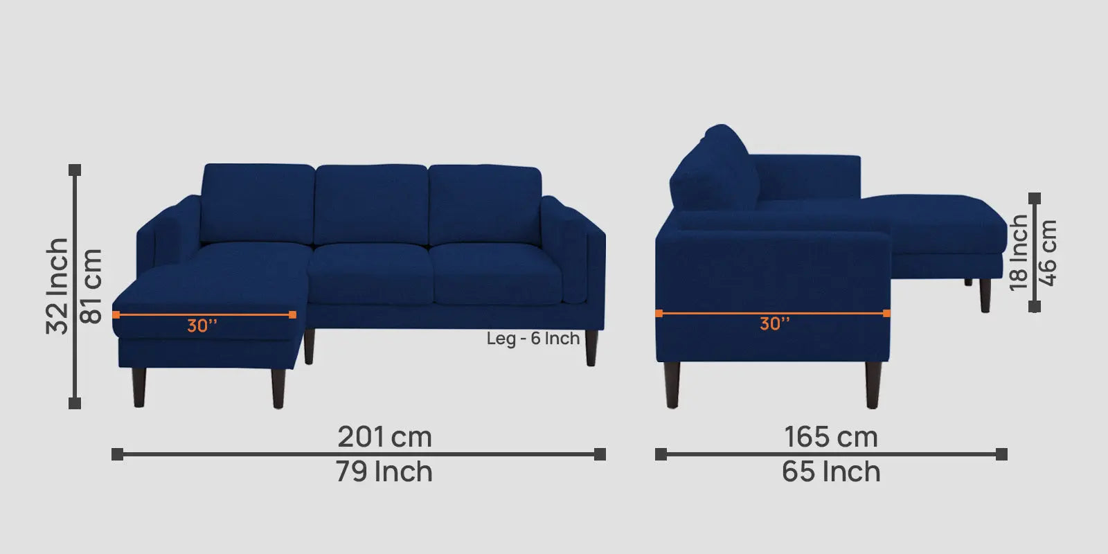 Creata Fabric RHS Sectional Sofa (2+Lounger) In Royal Blue Colour Febonic Living