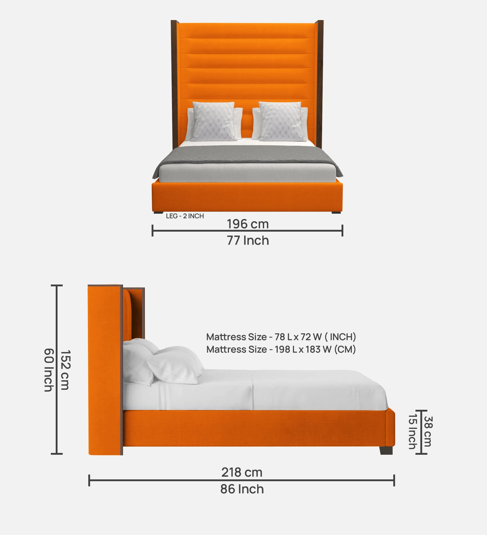 Sunny Fabric King Size Bed In Vivid Orange Colour - Febonic Living