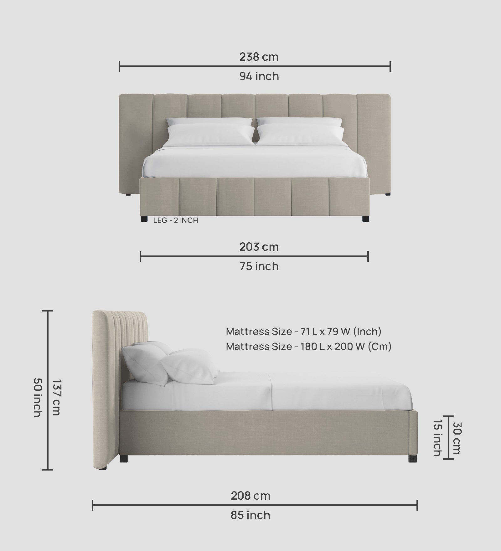 Nora Fabric King Size Bed In Ash Grey Colour With Box Storage - Febonic Living