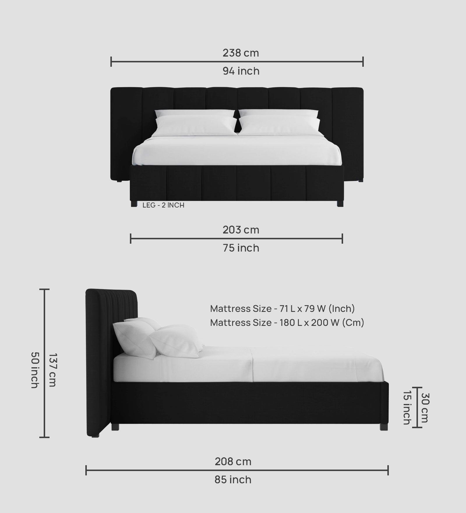 Nora Fabric King Size Bed In Zed Black Colour With Box Storage - Febonic Living