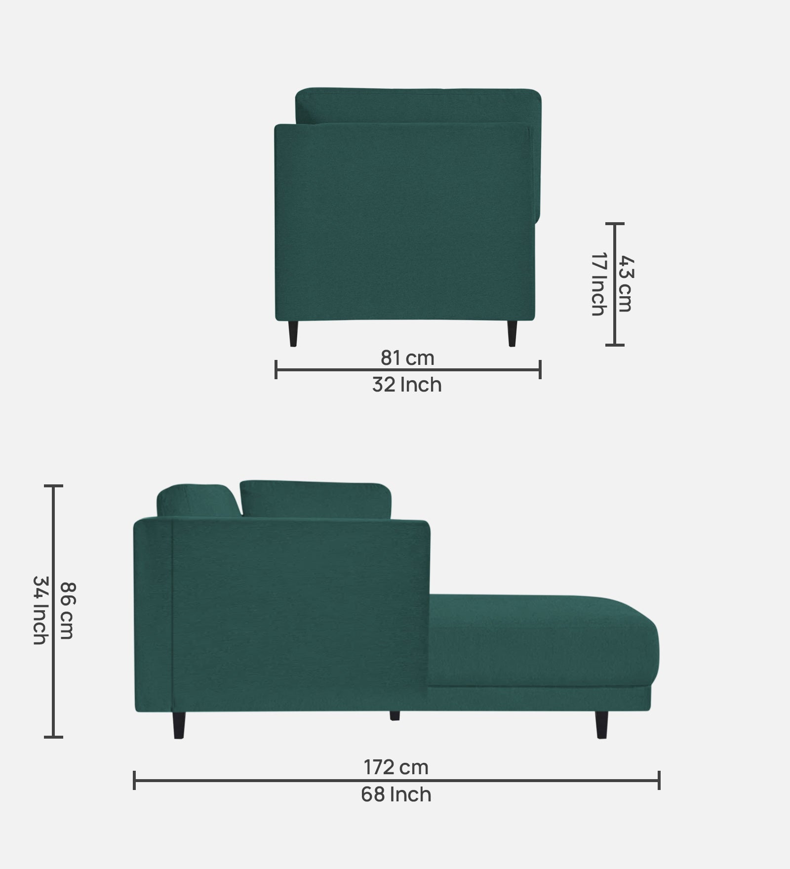 Jonze Velvet RHS Chaise Lounger In Pine Green Colour - Febonic Living