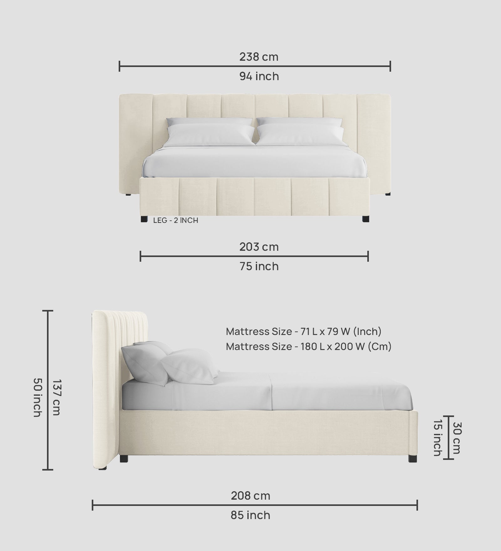 Nora Fabric King Size Bed In Ivory Cream Colour With Box Storage - Febonic Living