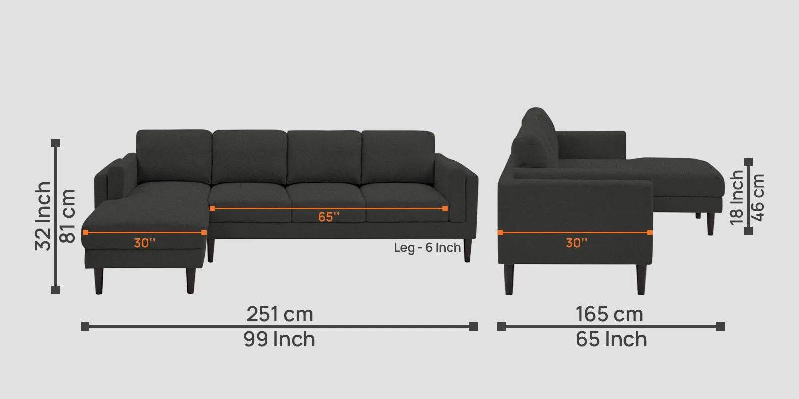 Creata Fabric RHS Sectional Sofa (3+Lounger) In Charcoal Grey Colour Febonic Living