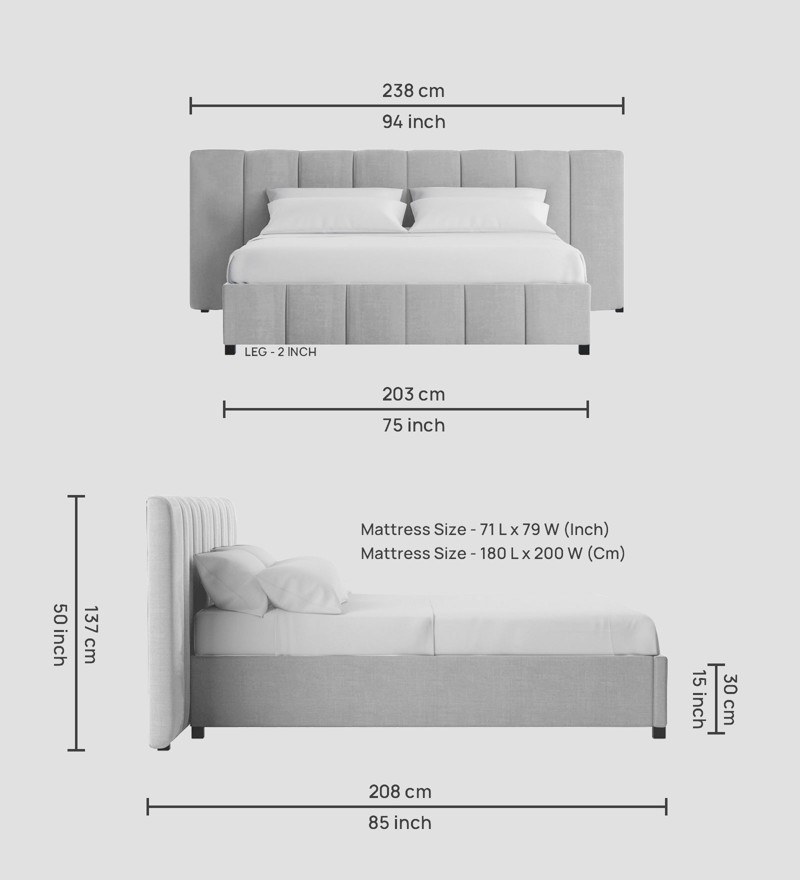 Nora Fabric King Size Bed In Lit Grey Colour With Box Storage - Febonic Living