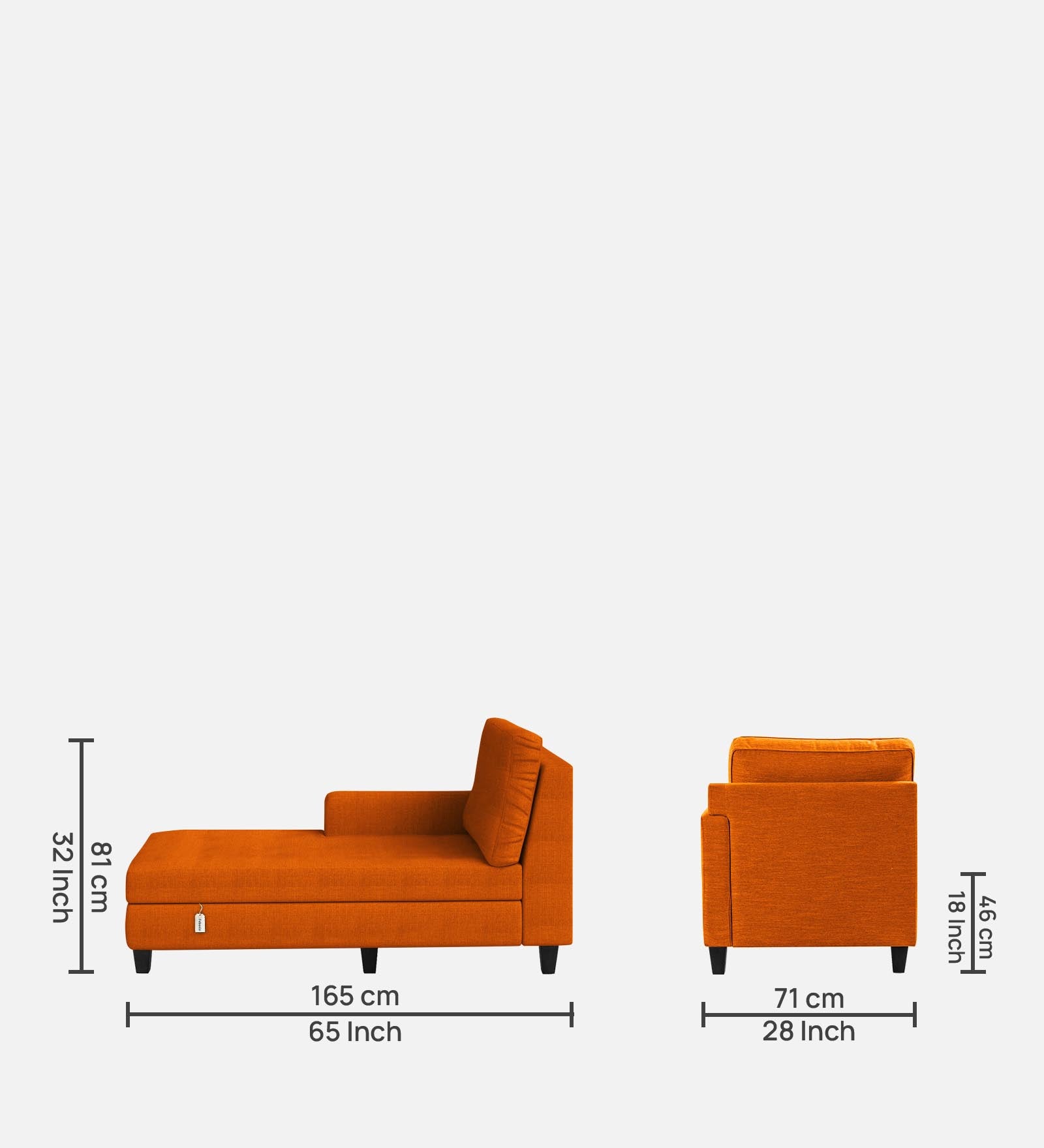 Royee Fabric LHS Chaise Lounger In Vivid Orange Colour With Storage - Febonic Living