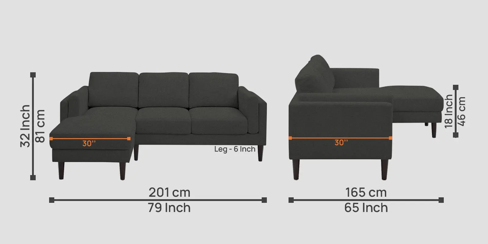 Creata Fabric RHS Sectional Sofa (2+Lounger) In Charcoal Grey Colour Febonic Living