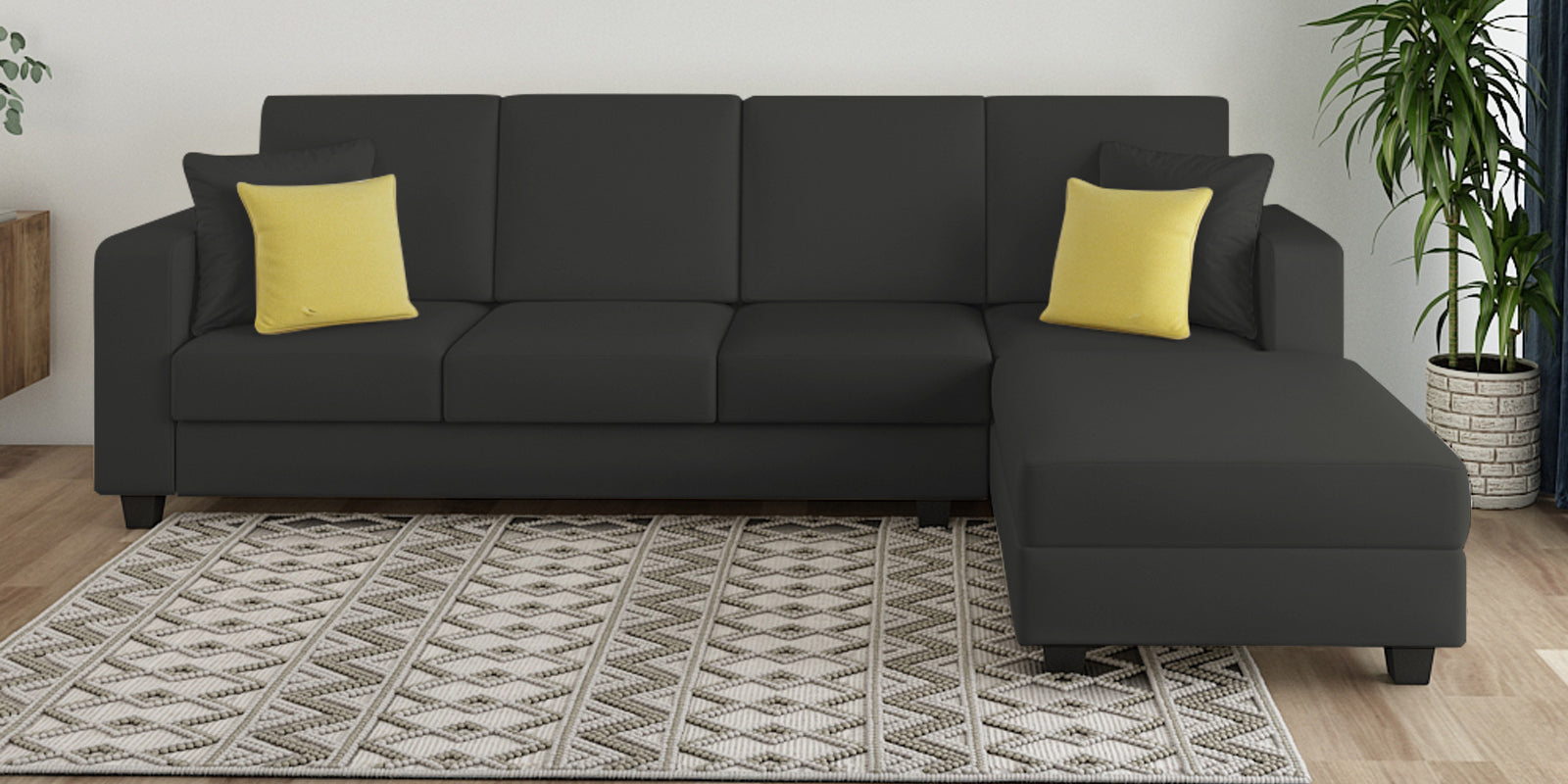 Nabi Fabric LHS Sectional Sofa (3 + Lounger) In Charcoal Grey Colour