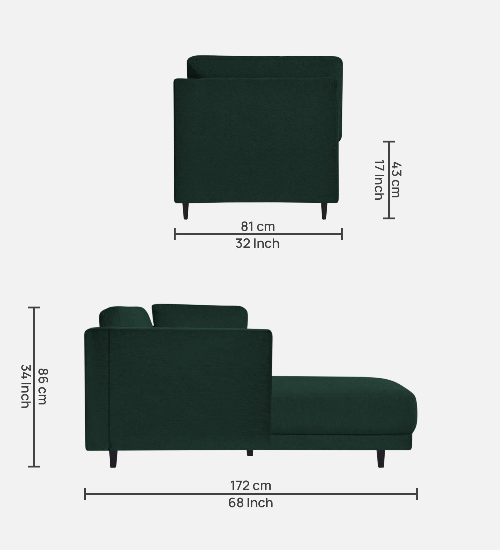 Jonze Velvet RHS Chaise Lounger In Forest Green Colour - Febonic Living