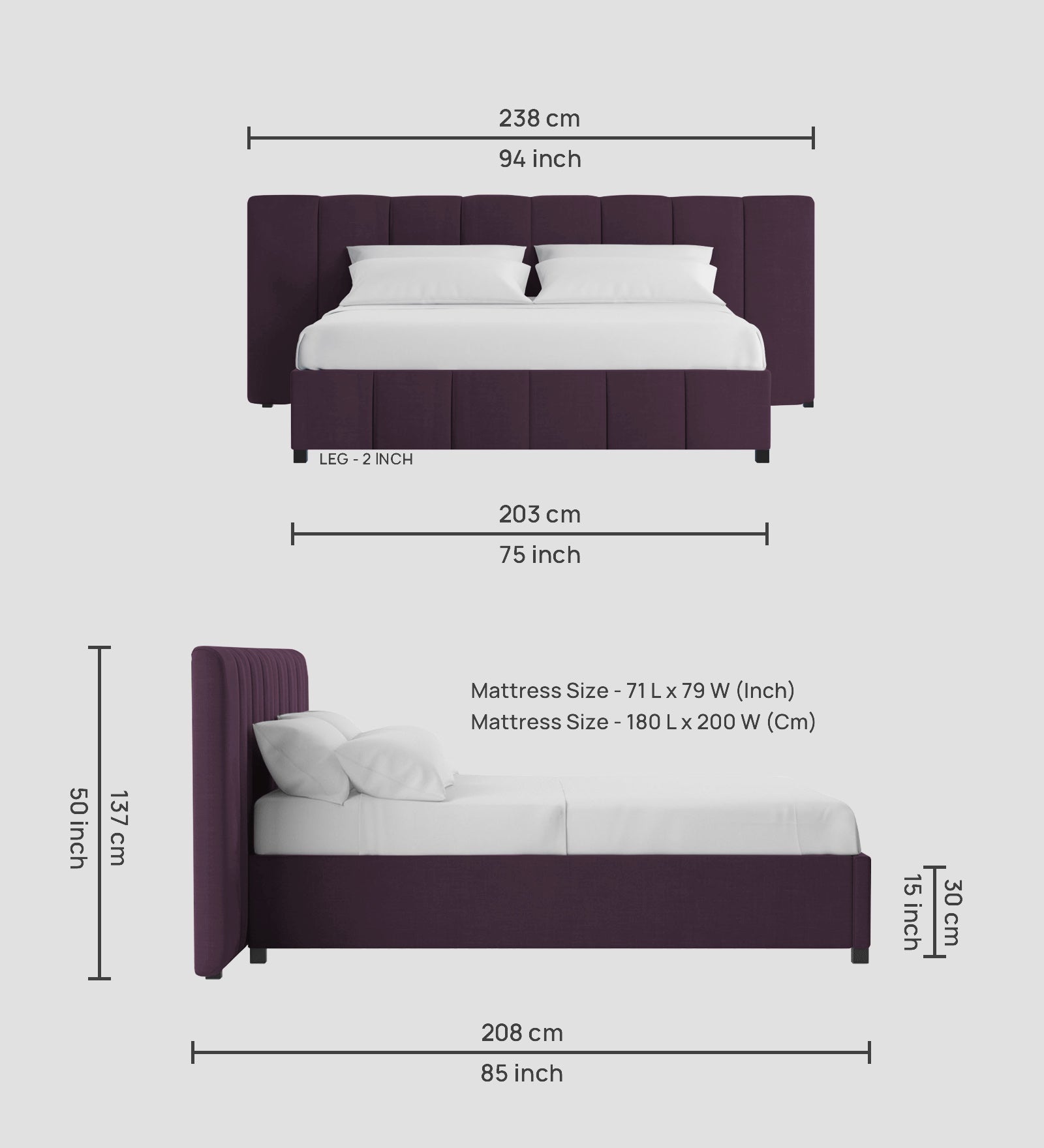 Nora Fabric King Size Bed In Greek Purple Colour With Box Storage - Febonic Living
