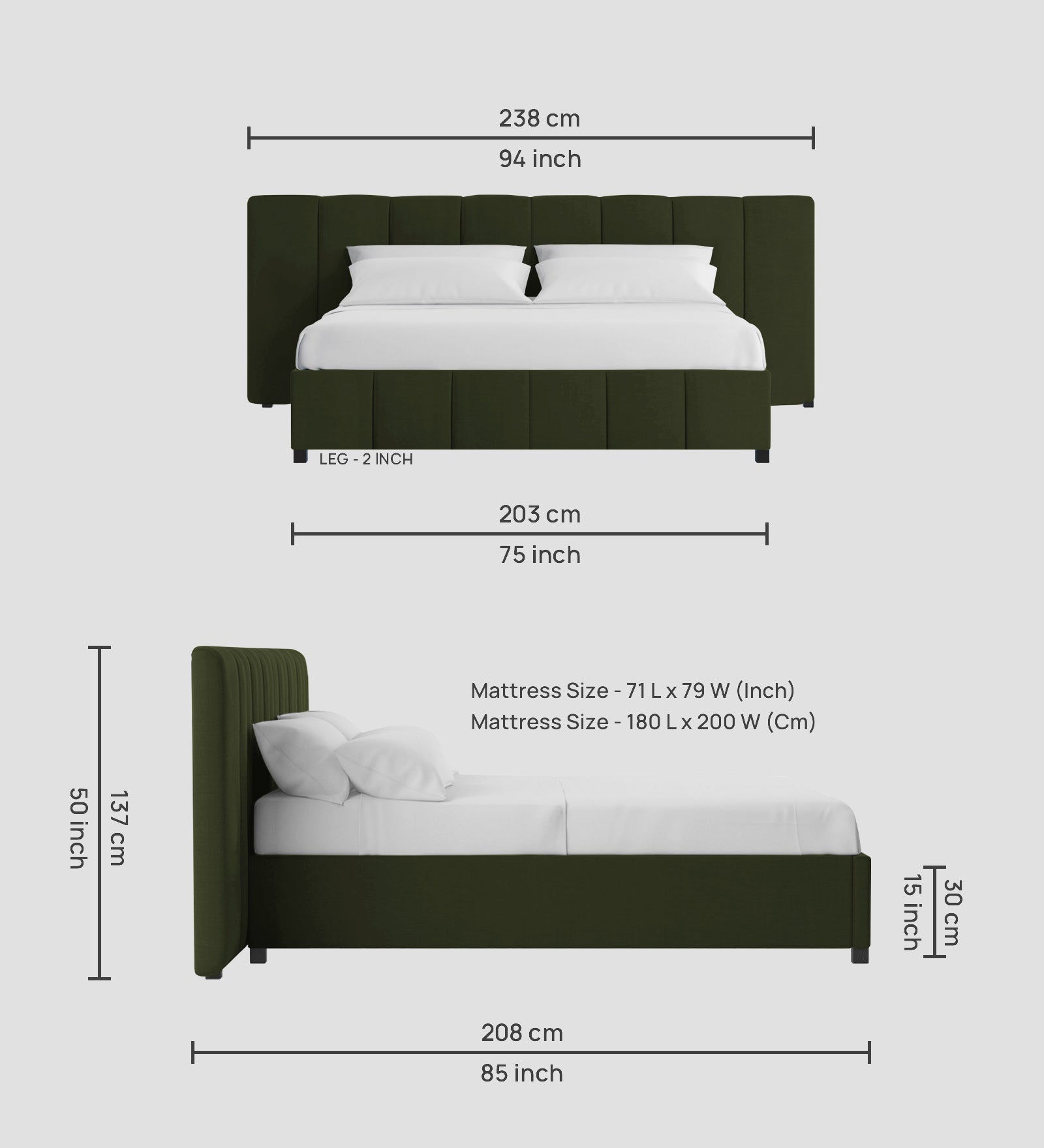 Nora Fabric King Size Bed In Olive Green Colour With Box Storage - Febonic Living