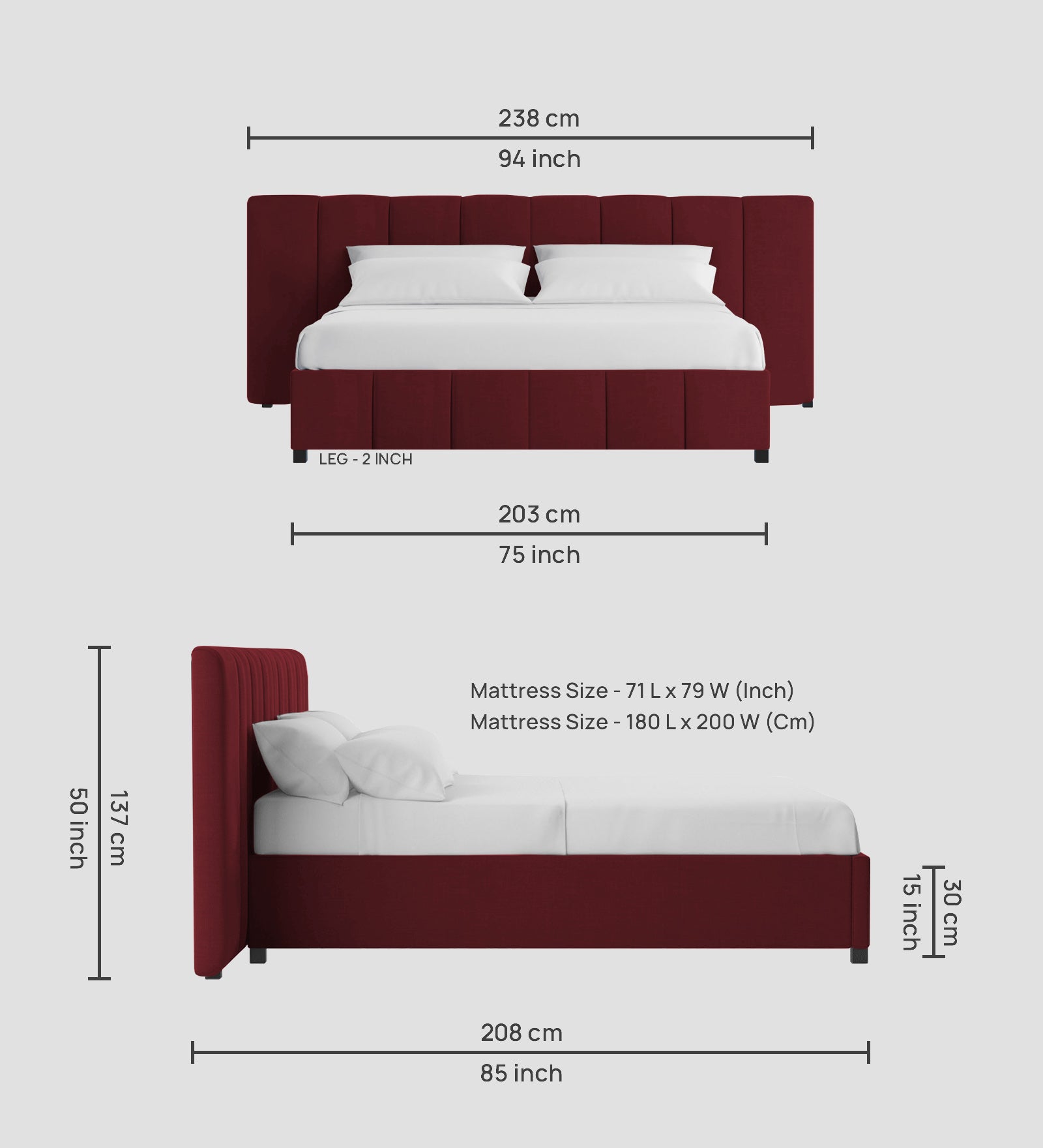 Nora Fabric King Size Bed In Blood Maroon Colour With Box Storage - Febonic Living