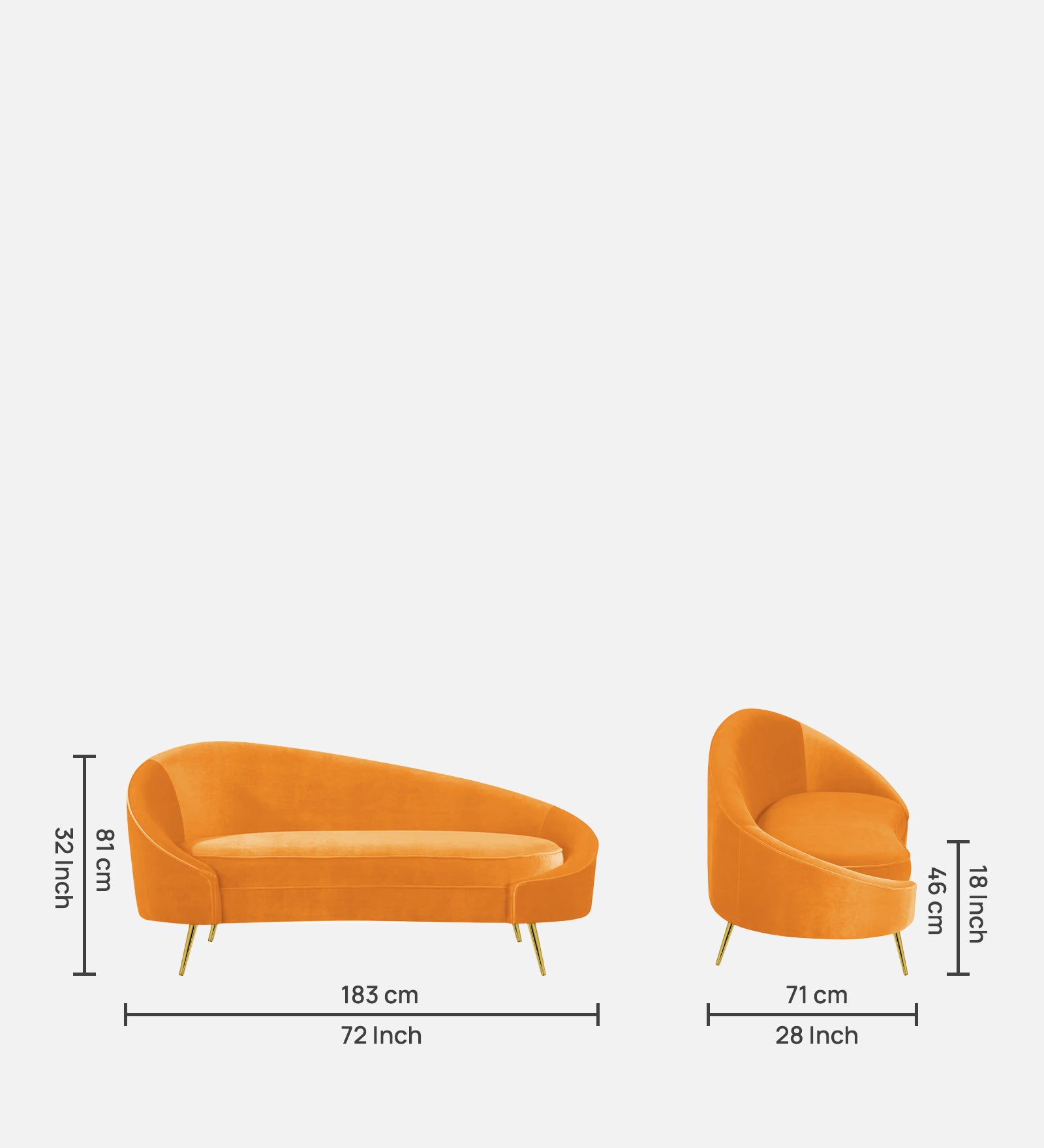 Cely Velvet RHS Chaise Lounger In Tangerine Orange Colour - Febonic Living