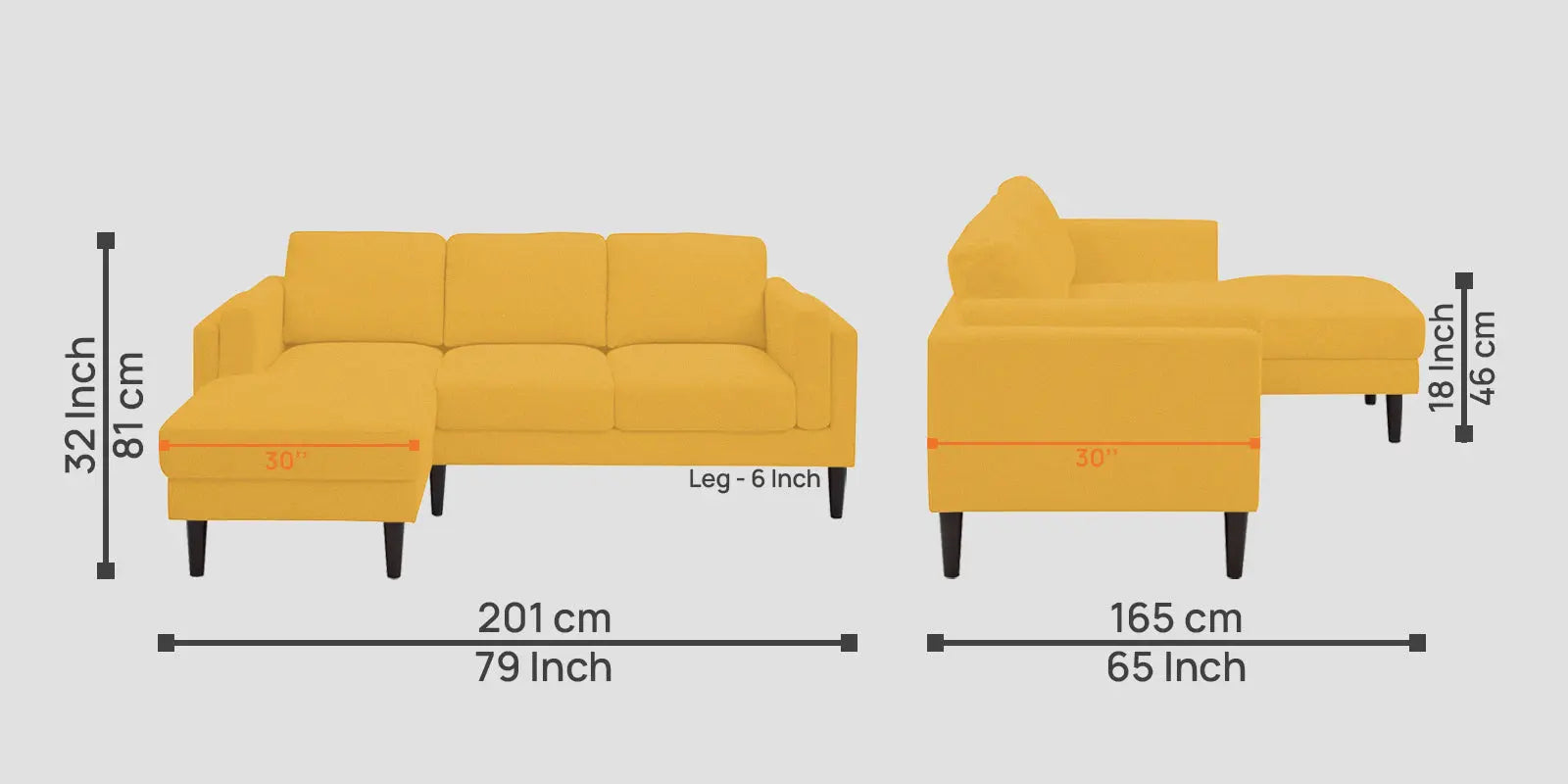 Creata Fabric RHS Sectional Sofa (2+Lounger) In Bold Yellow Colour Febonic Living