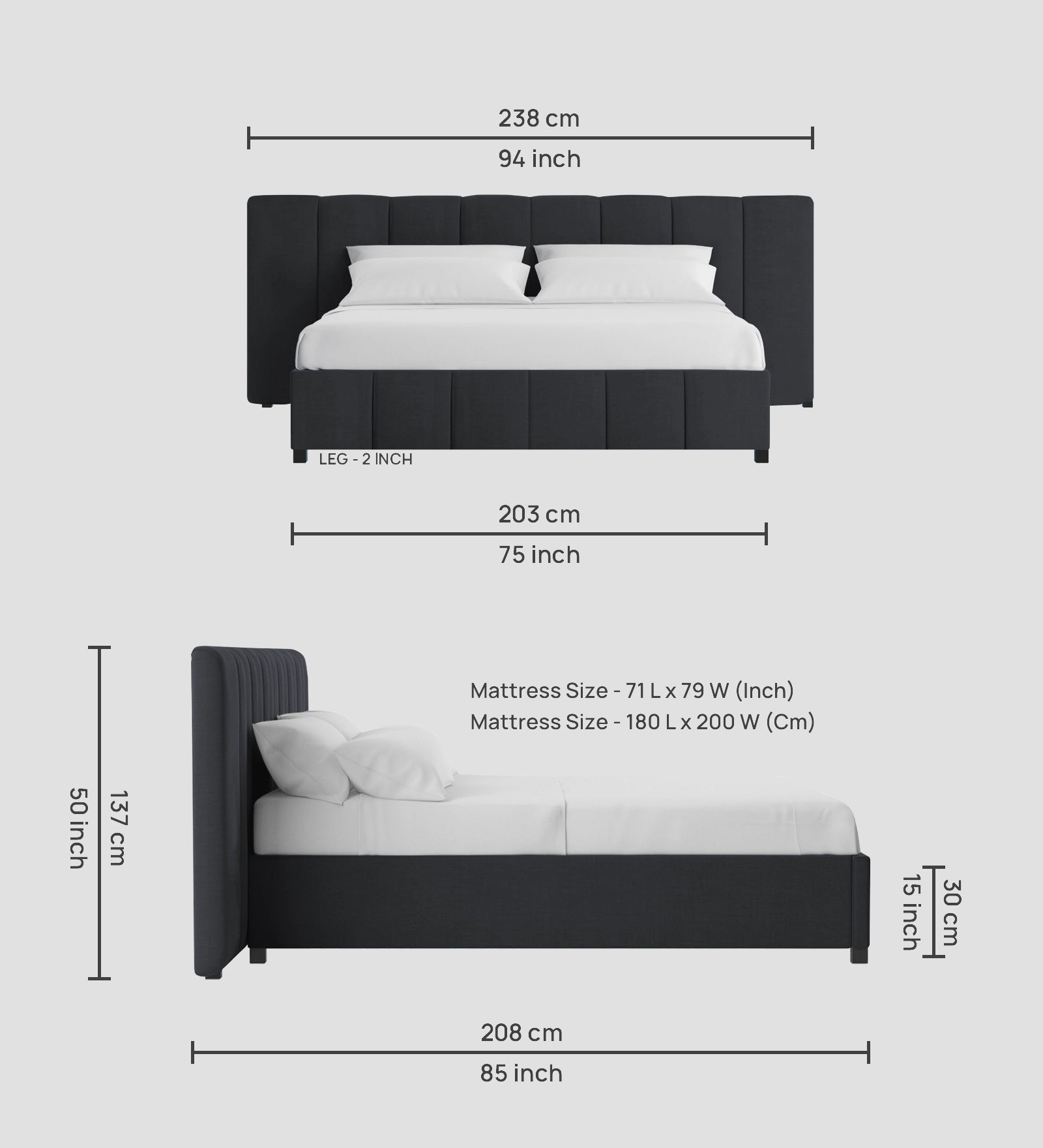 Nora Fabric King Size Bed In Charcoal Grey Colour With Box Storage - Febonic Living
