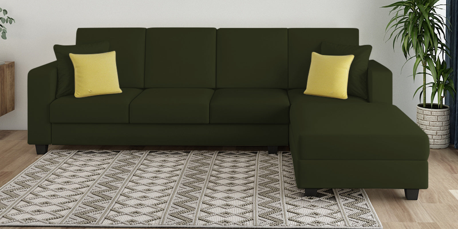 Nabi Fabric LHS Sectional Sofa (3+Lounger) In Olive Green Colour - Febonic Living