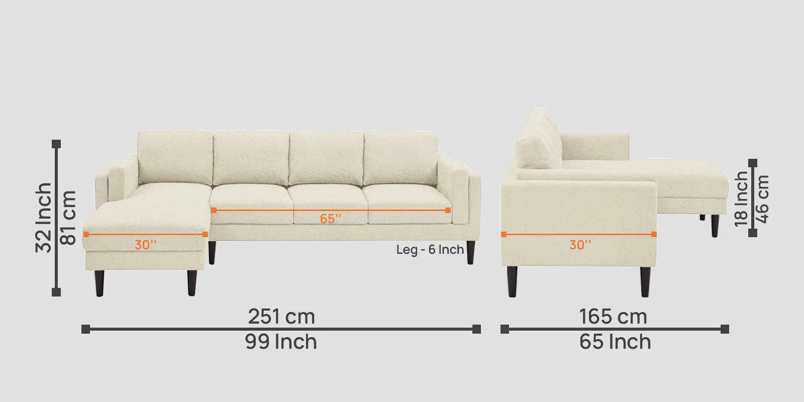 Creata Fabric RHS Sectional Sofa (3+Lounger) In Ivory Cream Colour Febonic Living