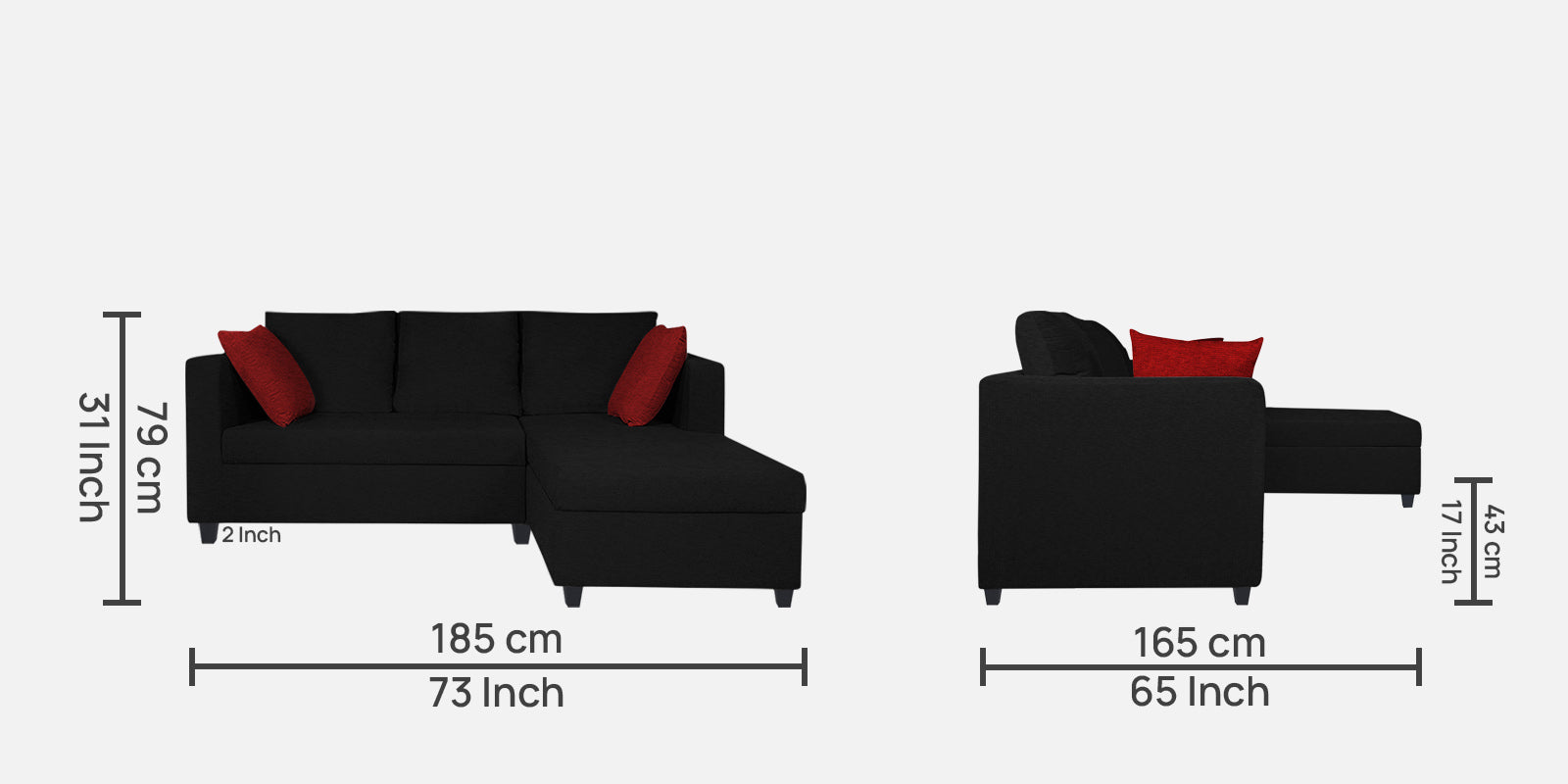 Nebula Fabric LHS Sectional Sofa (2+Lounger) In Zed Black Colour - Febonic Living