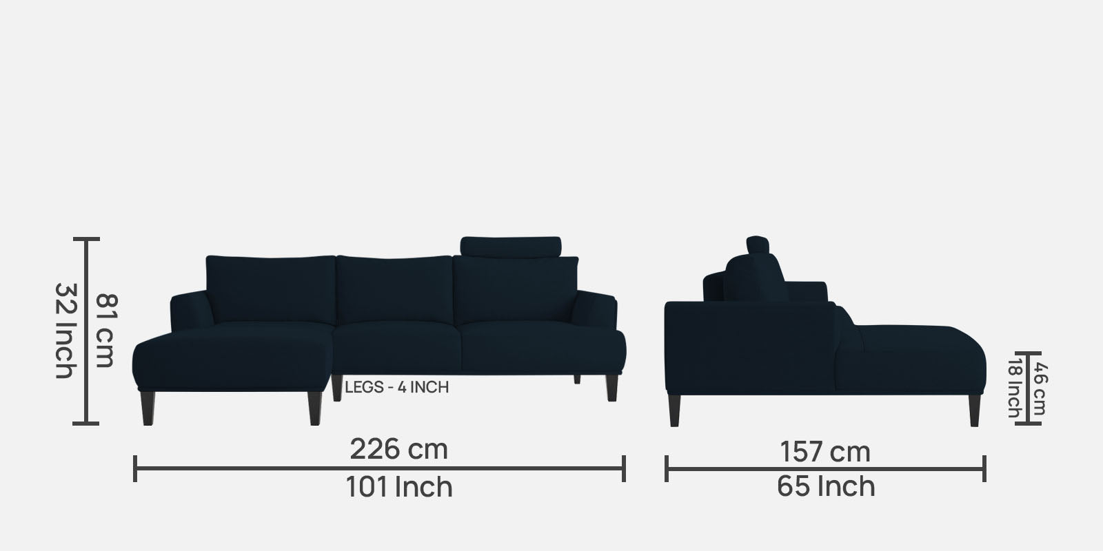 Como Fabric RHS Sectional Sofa (3+Lounger) in Denim Blue Colour