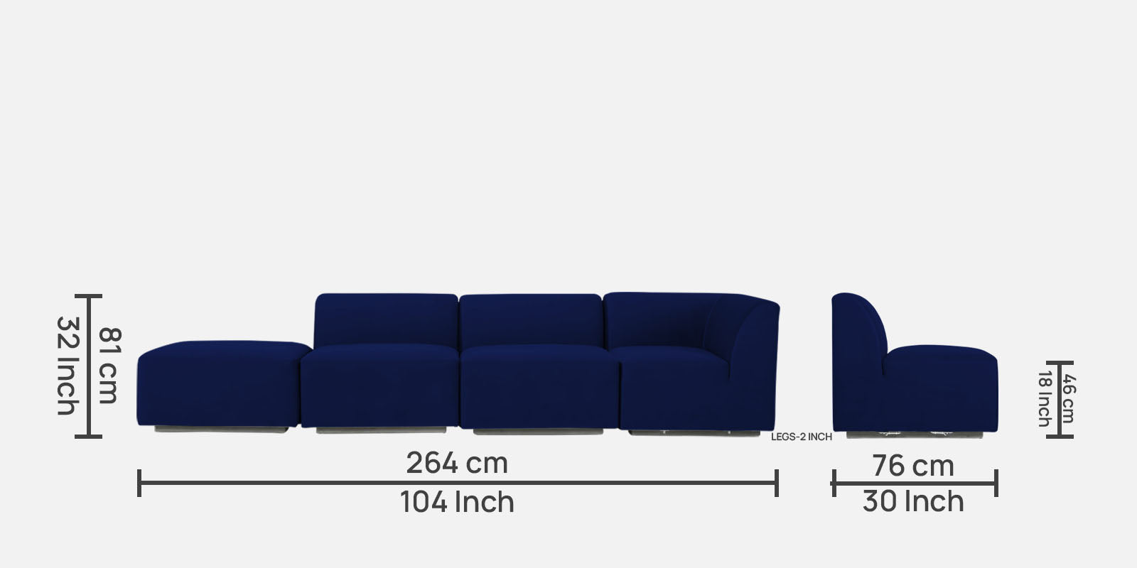 Bufa Velvet LHS Sectional Sofa In Dark Blue Colour With Ottoman - Febonic Living