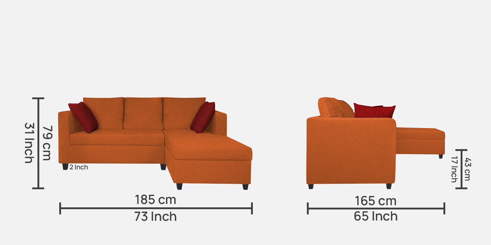 Nebula Fabric LHS Sectional Sofa (2+Lounger) In Vivid Orange Colour - Febonic Living