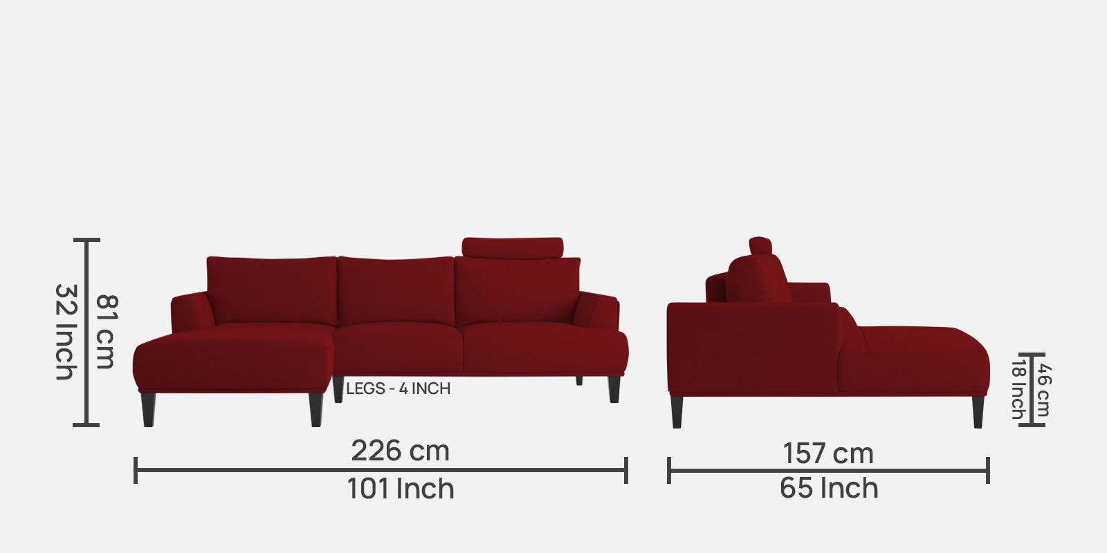 Como Fabric RHS Sectional Sofa (3+Lounger) in Blood Maroon Colour