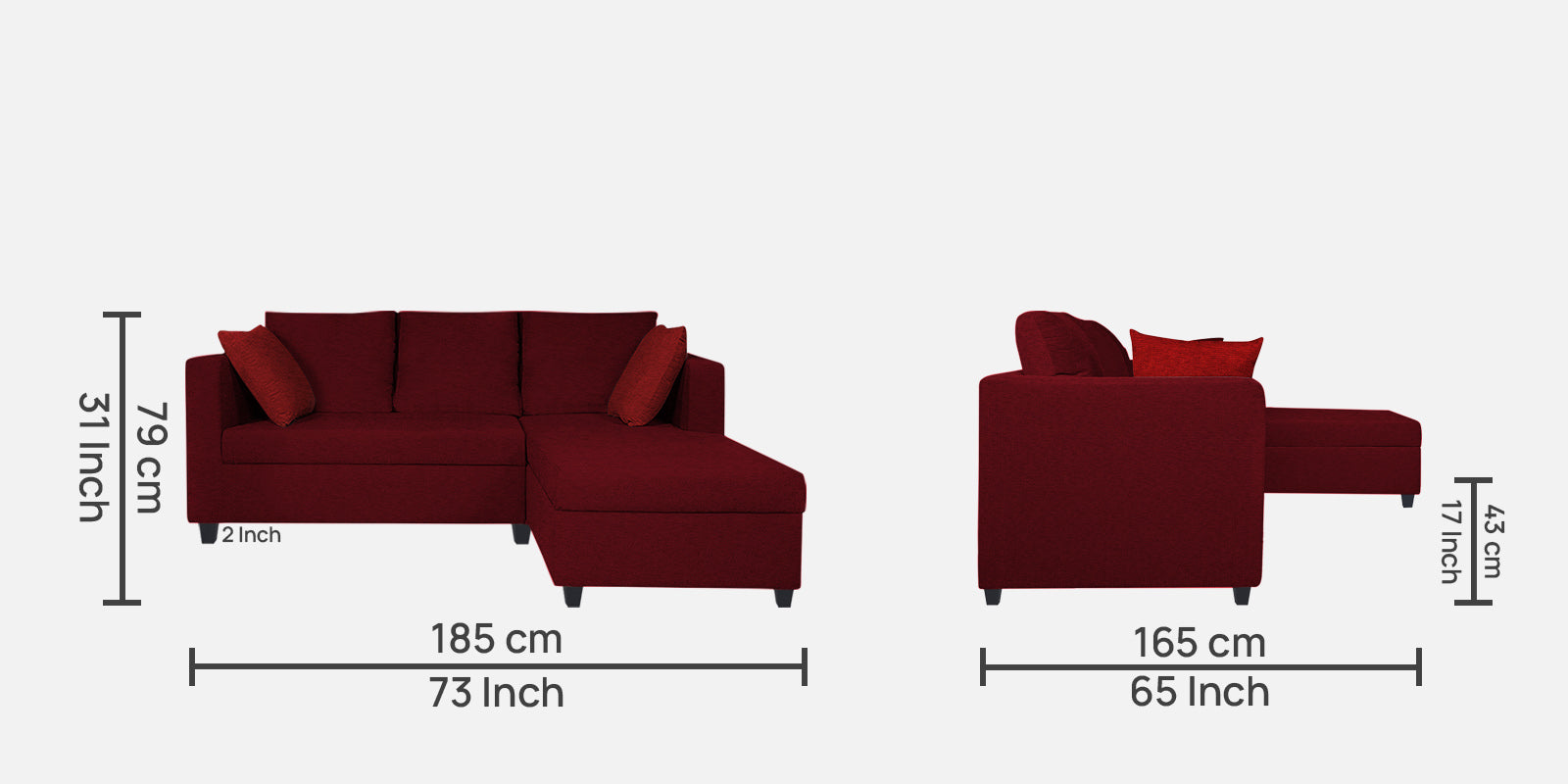 Nebula Fabric LHS Sectional Sofa (2+Lounger) In Ruby Red Colour - Febonic Living