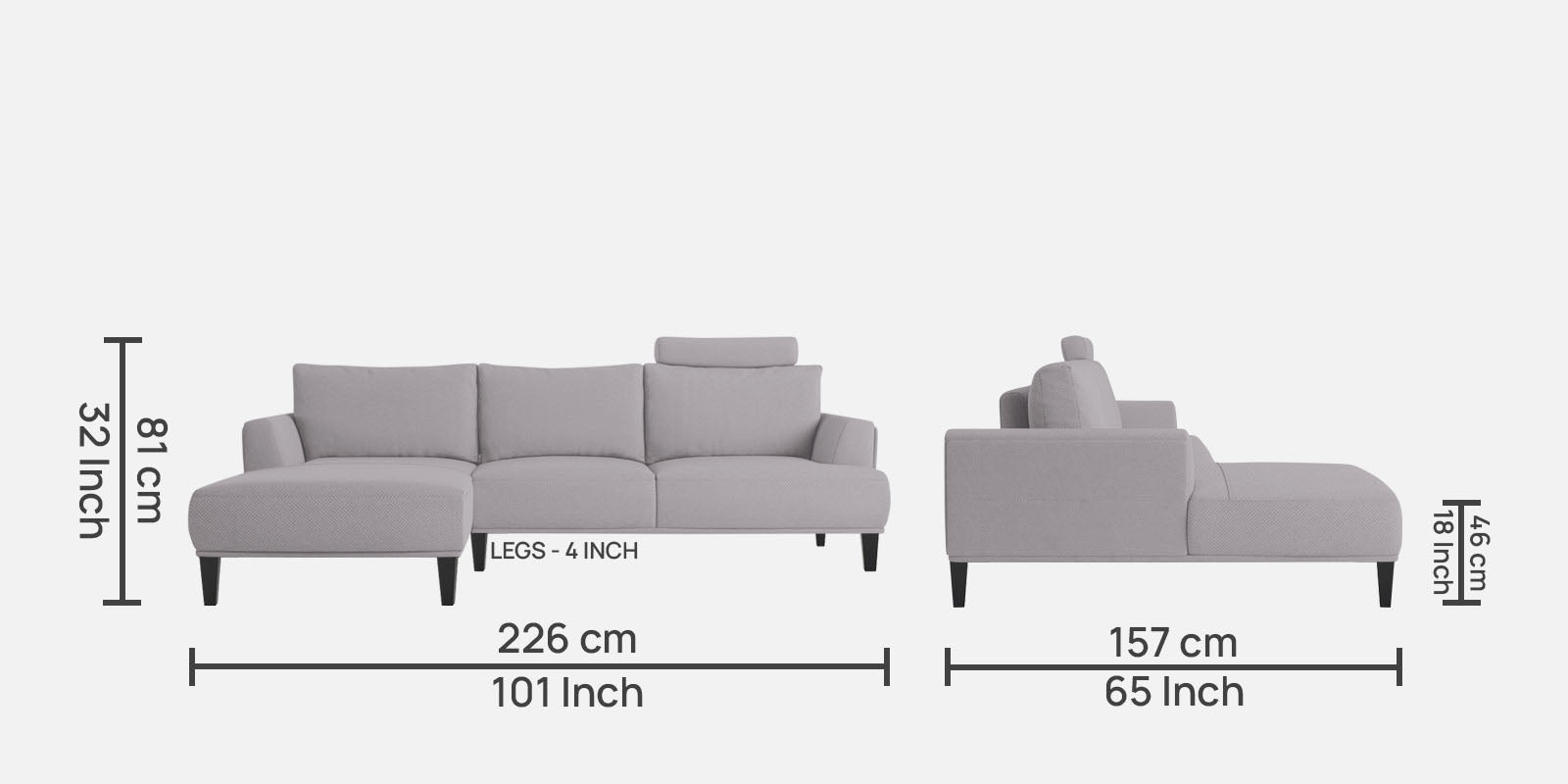Como Fabric RHS Sectional Sofa (3+Lounger) In Lit Grey Colour - Febonic Living