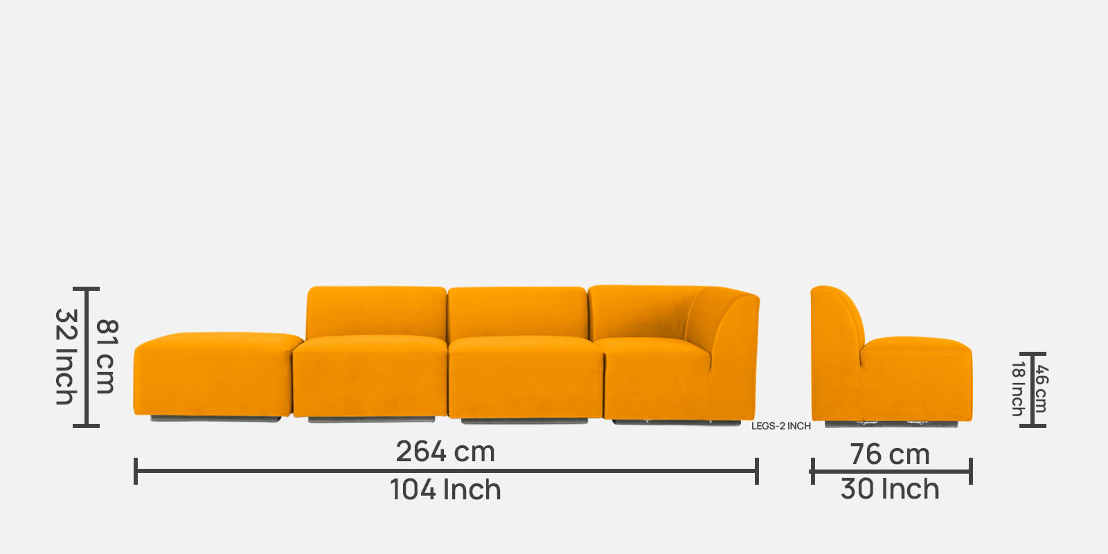 Bufa Velvet LHS Sectional Sofa In Saffron Yellow Colour With Ottoman - Febonic Living