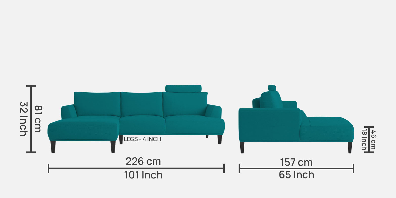 Como Fabric RHS Sectional Sofa (3+Lounger) in Sea Green Colour