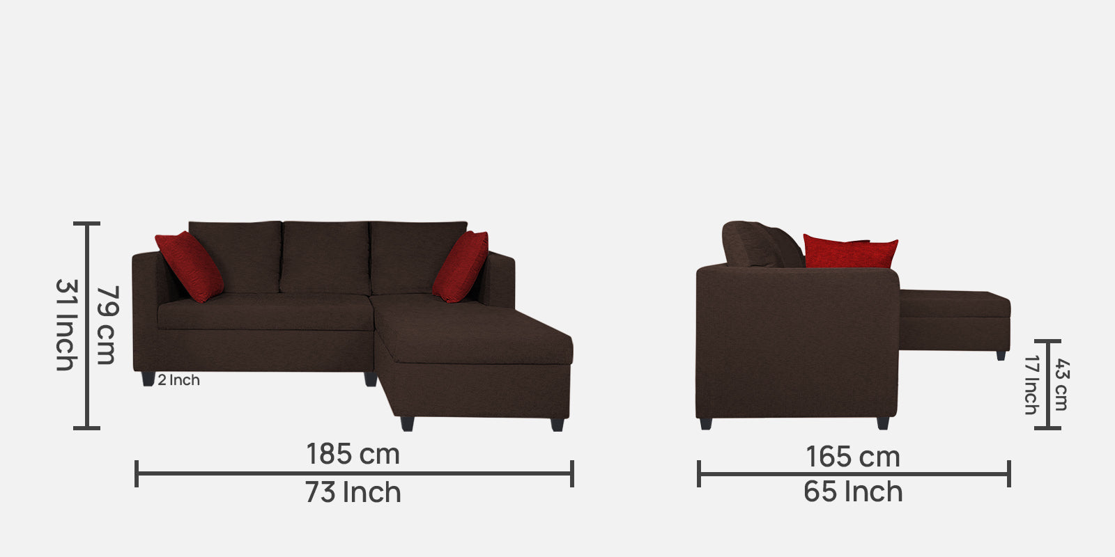Nebula Fabric LHS Sectional Sofa (2+Lounger) In Coffee Brown Colour - Febonic Living